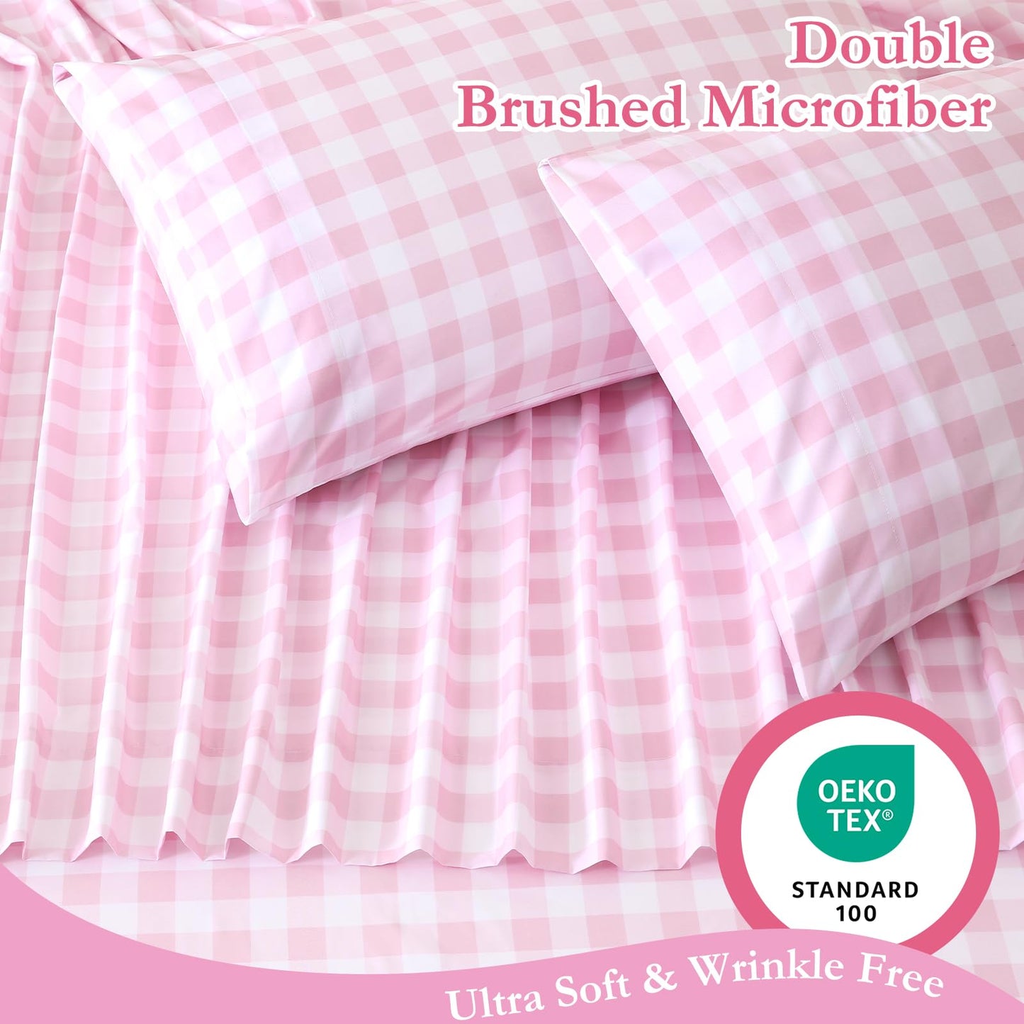 MICORAL Queen Sheet Set Pink Gingham Plaid, 4-Piece Brushed Microfiber Cute Grid Bed Sheets, 16" Deep Pocket, Ultra Soft & Cooling Sheet, Oeko-TEX Certified, Light Pink