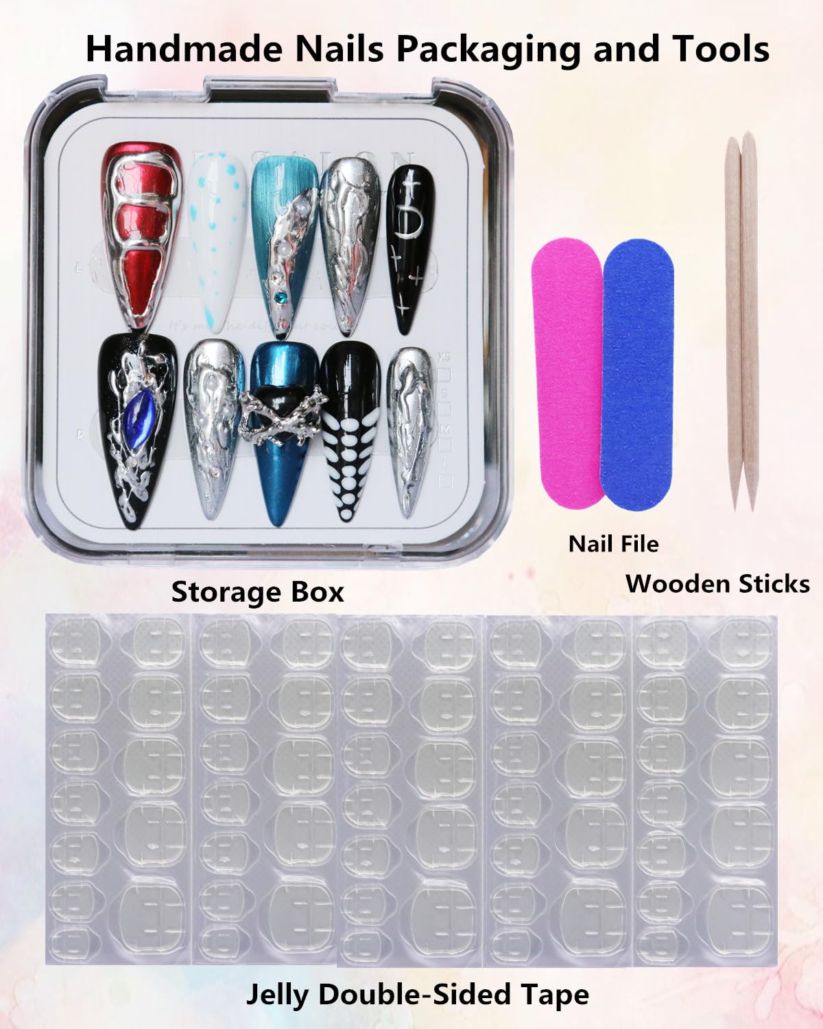 CAMILCY Luxury Handmade Press on Nails Long Stiletto Blue Black Silver Chrome Gothic Y2K Fake Nails with Charms Glossy Hand Painted Salon Acrylic Nail Art Tips for Women 10pcs (A047, M)