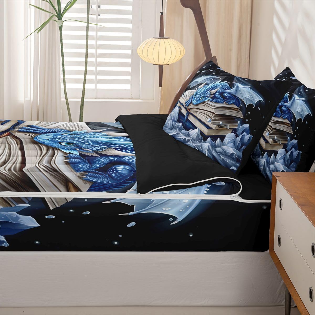 jejeloiu Blue Dragon Zipper Bedding Twin Cartoon Animal Zipper Bedding Sets for Kids Boys Girls Flying Dragon Comforter Set with Fitted Sheet and 2 Pillowcases Mysterious Animal Bedroom Decor