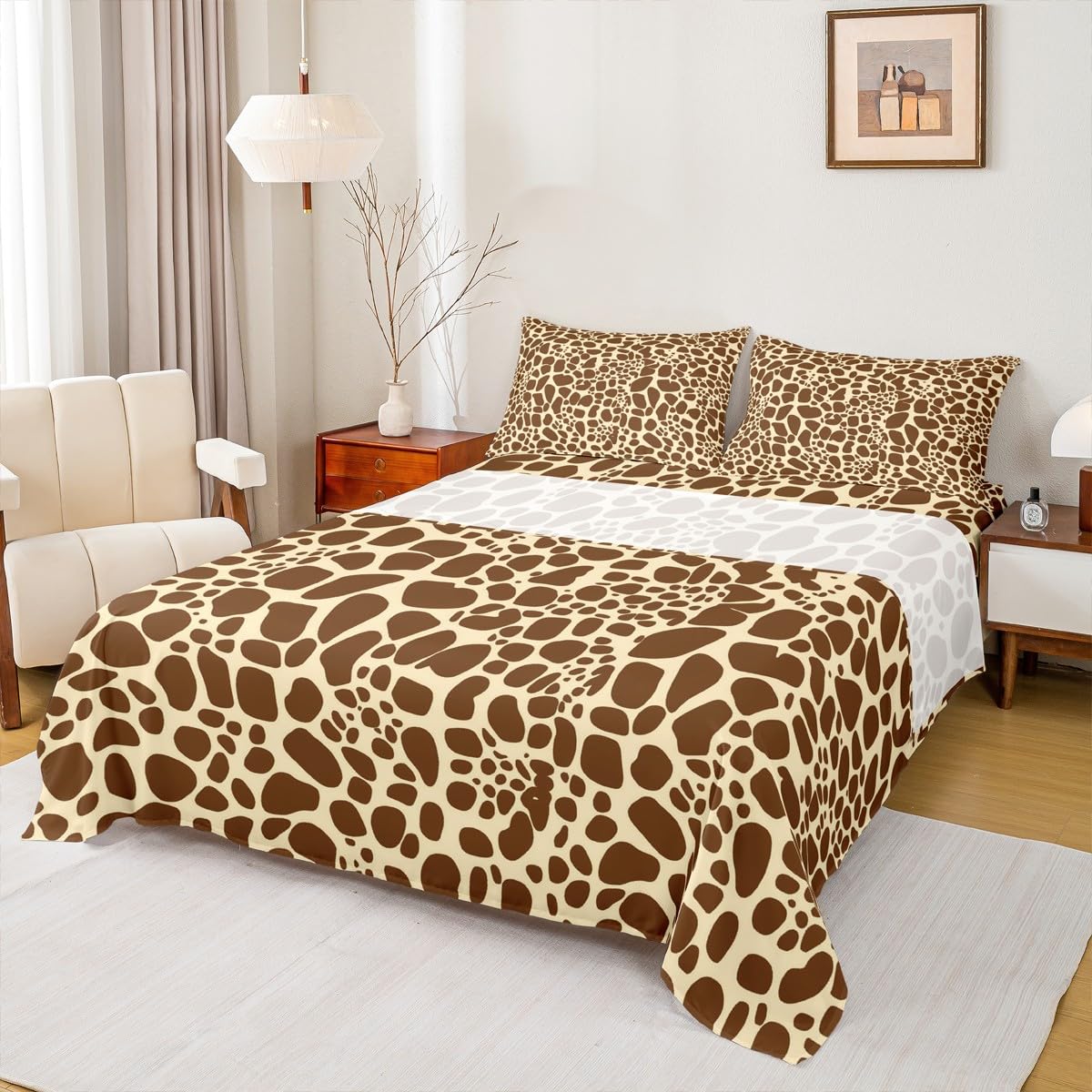 Erosebridal Giraffe Print Bed Sheets Queen for Boys Girls Geometric Brown Giraffe Sheet Set Wild Animal Theme Skin Pattern Sheets for Kids Teens Luxury 4Pcs(1 Flat Sheet,1 Fitted Sheet,2 Pillowcases)…
