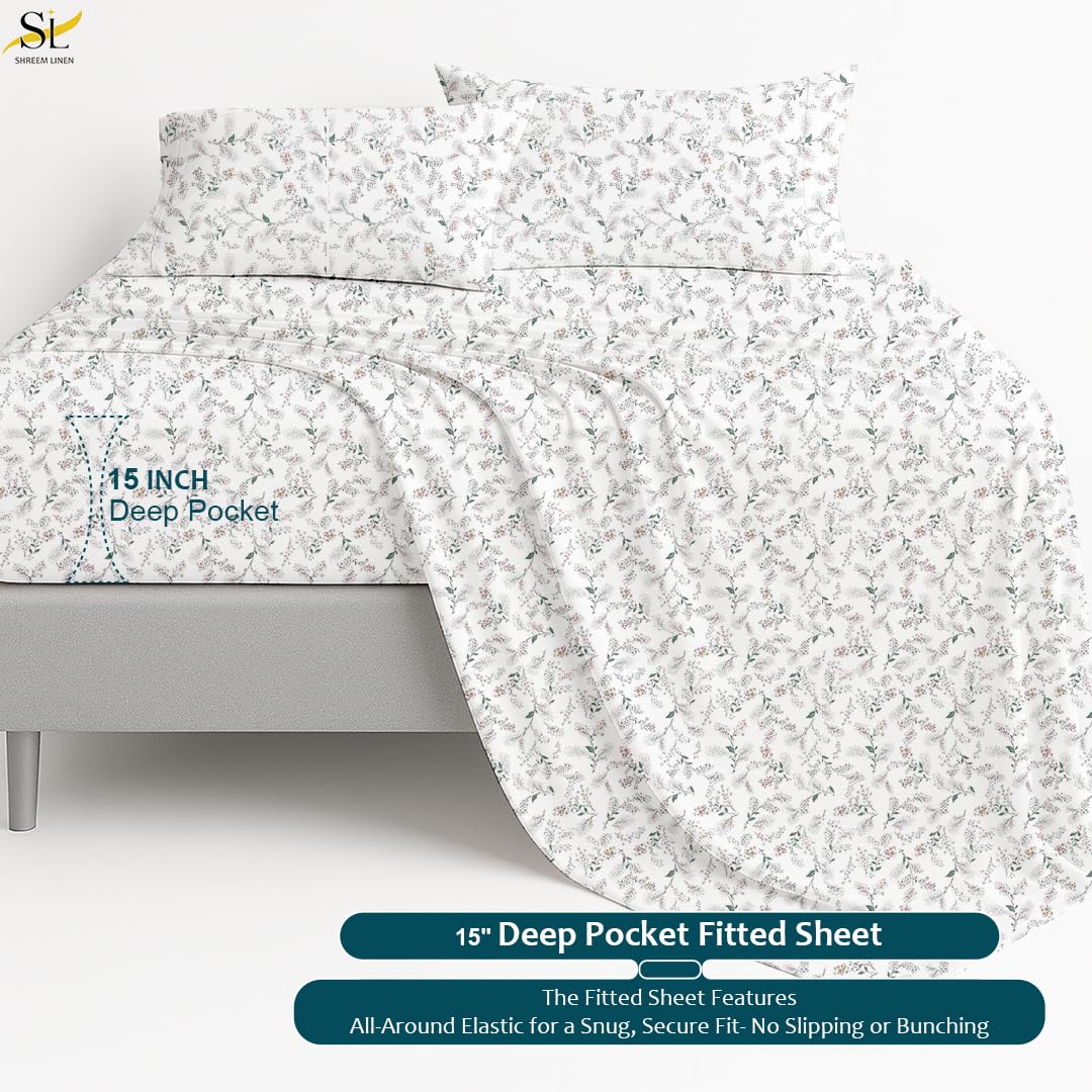 Shreem Linen Queen Sheet Set 4 Piece Bedding, Brushed Microfiber Soft Sheets for Queen Size Bed with Flat, Fitted Sheet, 2 Pillow Cases (CocoLeaf)