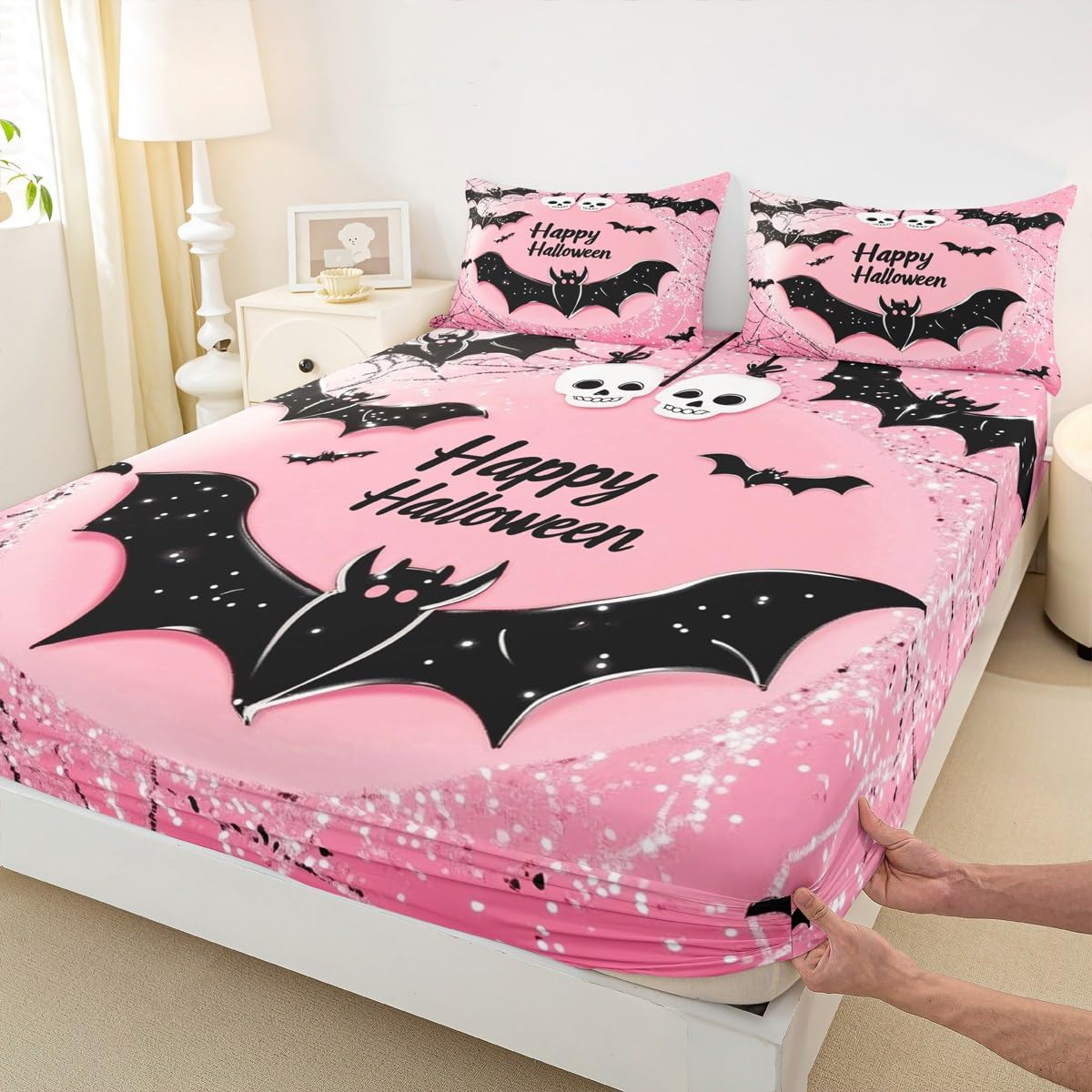 Feelyou Kids Happy Halloween Bed Sheet Set Full Size, Black Bat Bedding Set Boys Girls Pink Fitted Sheet Spider Web Teens Bedroom Decor Lightweight Bed Set (No Flat Sheet)
