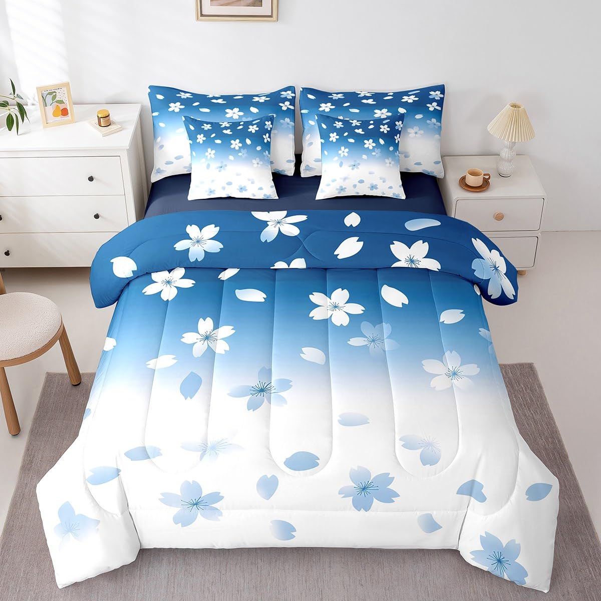 Erosebridal Blue Cherry Blossom Twin Comforter Set 7 Piece Dreamy Sakura Spring Plants Bedding Set Blue White Ombre Bed in A Bag for Kids Boys Girls,Japansese Style Botanical Theme Floral Bed Set