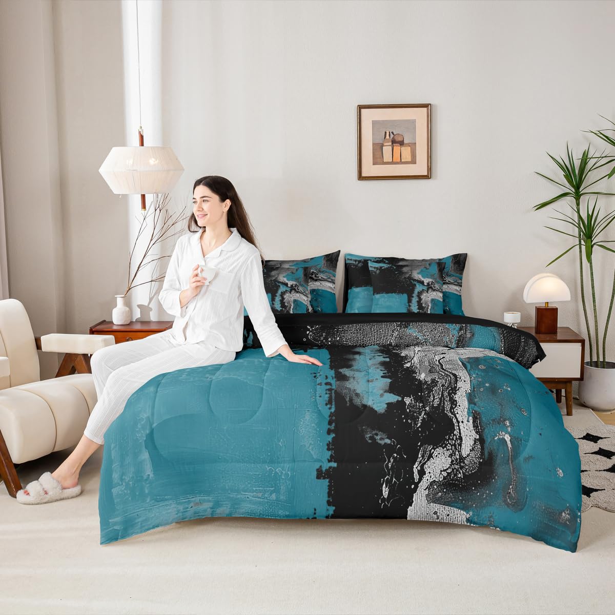 Feelyou Abstract King Comforter Set with Sheets for Kids Boys Girls Modern Abstract Art 7 Pieces Bedding Set Luxury Bed in a Bag Geometric Room Decor Dark Blue Balck Soft Lightweight Microfiber