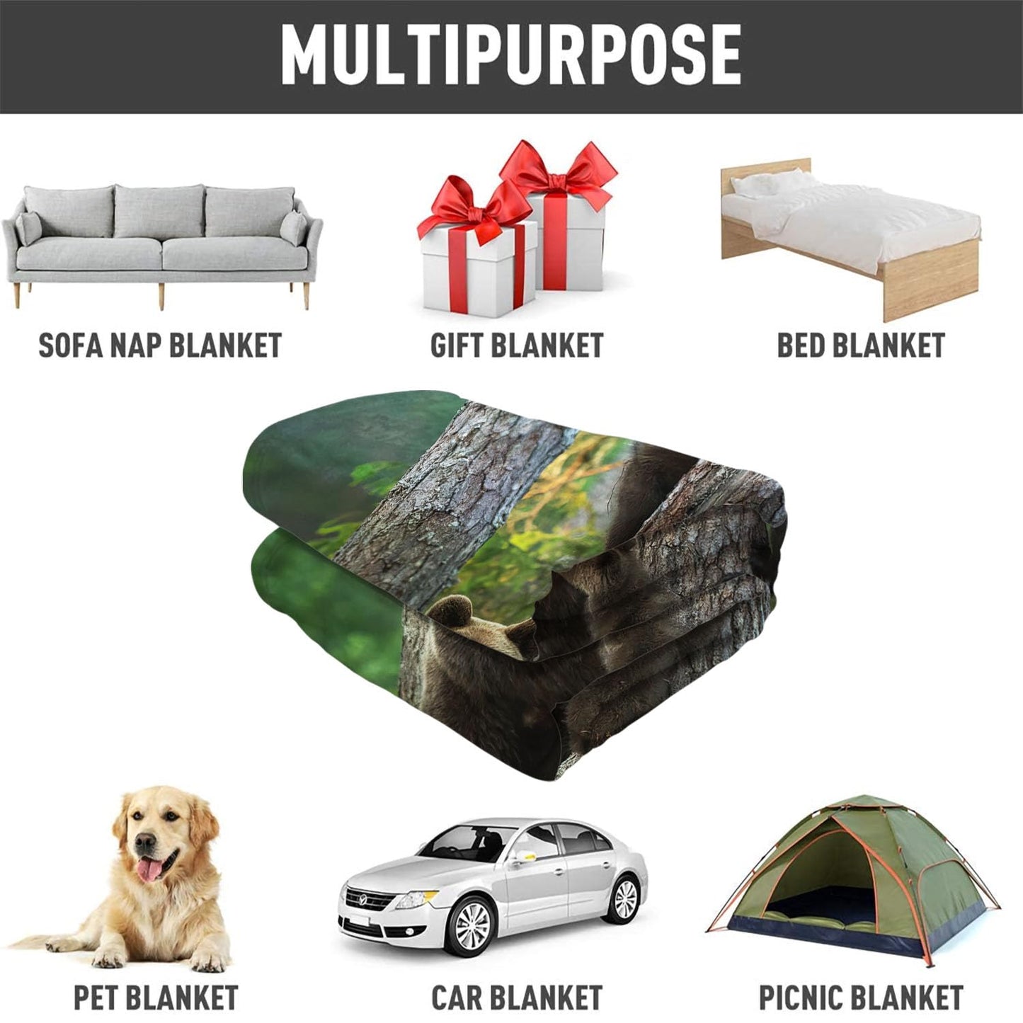 KLRIGR Wildlife Brown Bear Throw Blanket, Soft Flannel Blanket with Bear Cubs Climbing Tree, Cozy Forest Nature Print for Couch Bed Home Decor, 60"x80"