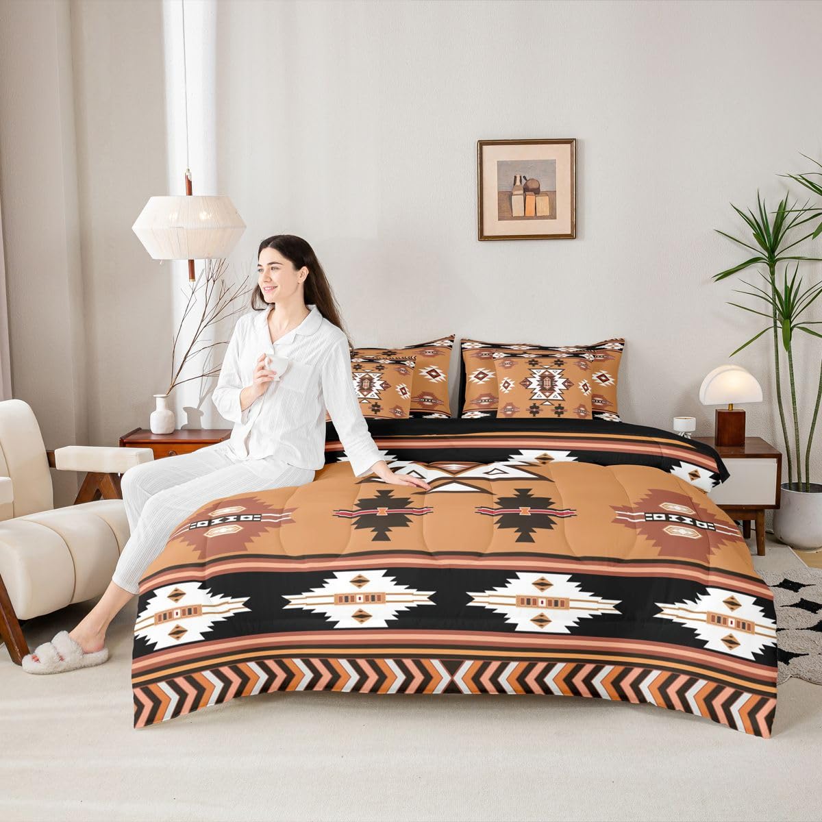 Erosebridal Western Twin Comforter Set with Sheets | Boho Decor Geometric 7 Piece Bedding Set Bohemian Aztec Bed in a Bag, Ethnic Tribal Arrow Room Decor,Brown