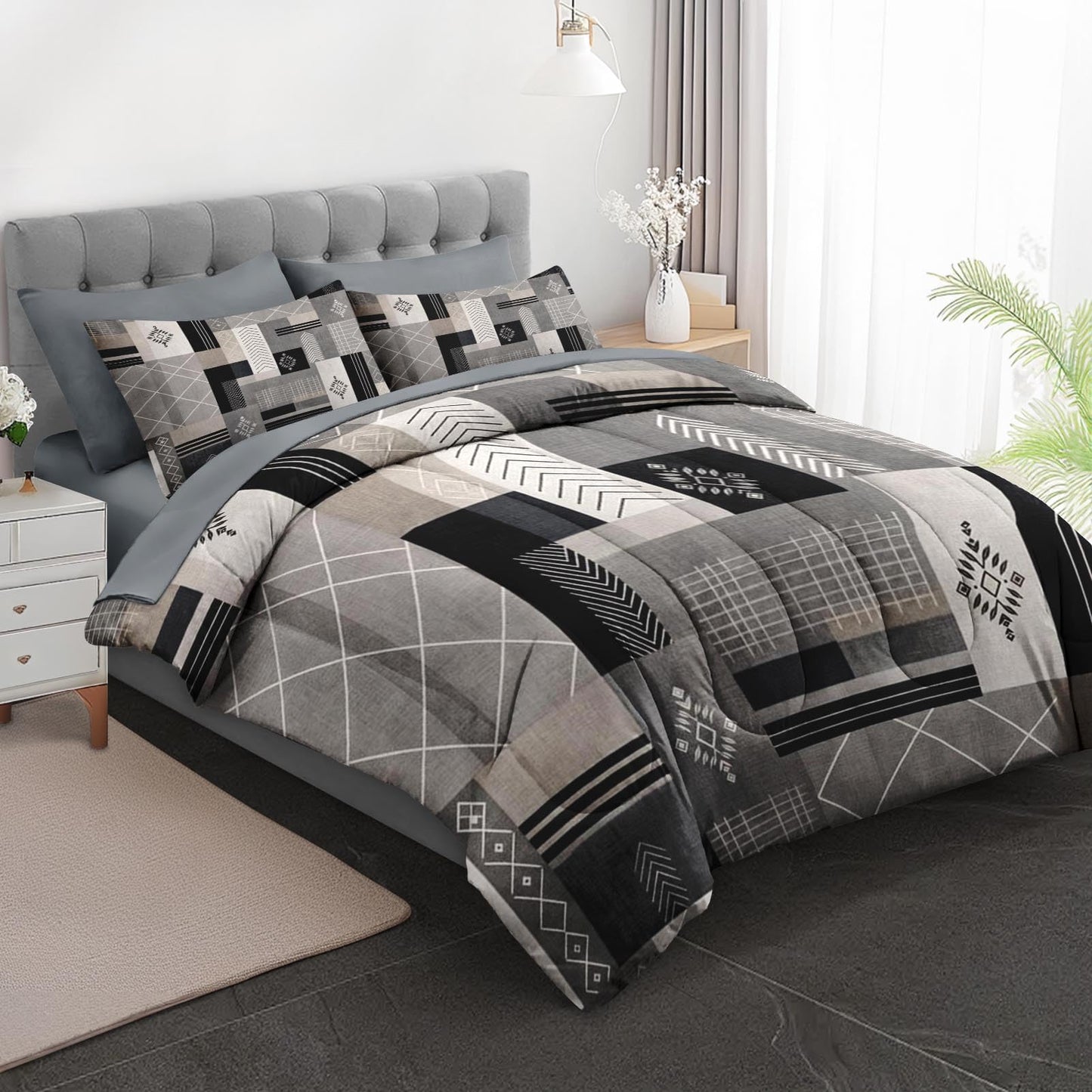Boewywh Comforter Set Twin Size Geometric Abstract Aztec 7 Pcs, Bedding for Kids and Adults, Grey Modern Bed Sheet Sets with Fitted Sheet 2 Pillowcases & 2 Shams for Bedroom Bed Decor