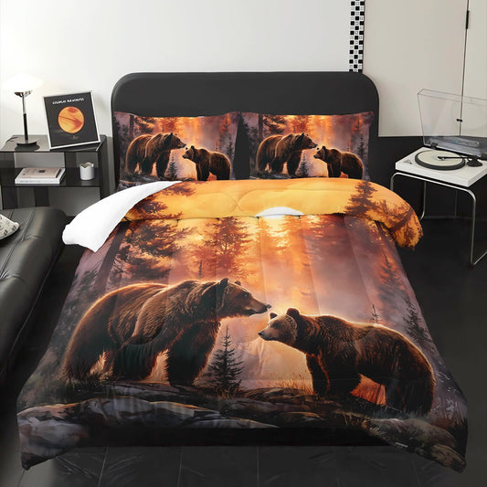 Rustic Brown Bear Comforter 3Pcs Twin Wild Hunting Animal Bear Bedding Set