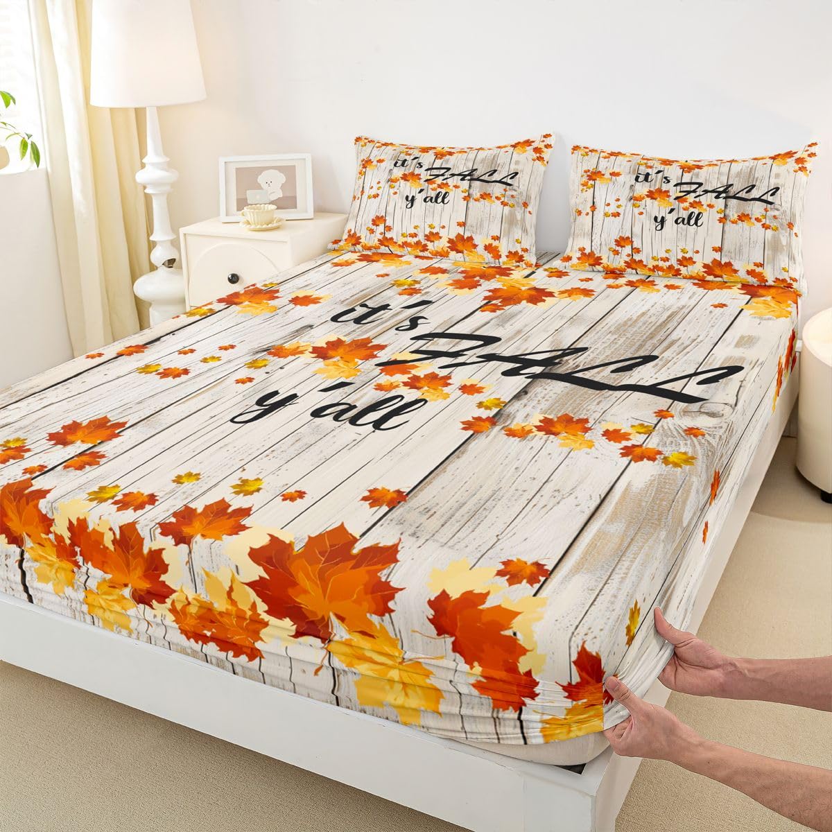 Fall Maple Leaves Sheet Set Queen Autumn Nature Botanical Bed Sheets Rustic Farmhouse Fall Bedding Set For Kids Adults Soft Breathable Fitted Sheet Orange Gold Beige Flat Sheet 2 Pillow Cases