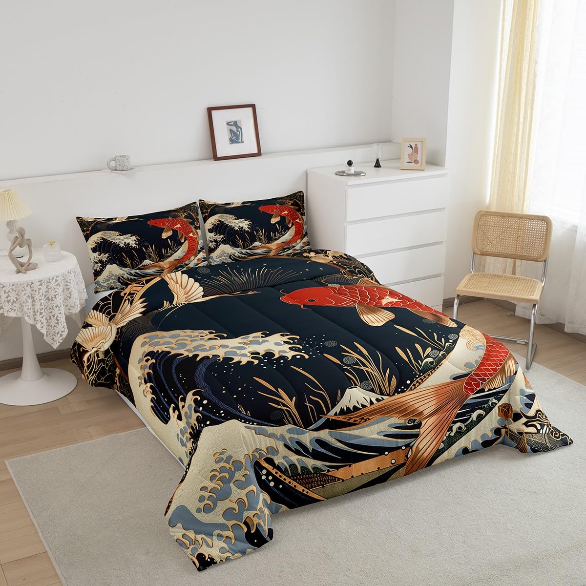 Erosebridal Red Koi Fish Bedding Full Size Oriental Crane Comforter Set Full, Japanese Ukiyo-E Duvet Insert Marine Sea Wave Quilt Comforter, Wild Animal Wildlife Bedding Comforters & Sets