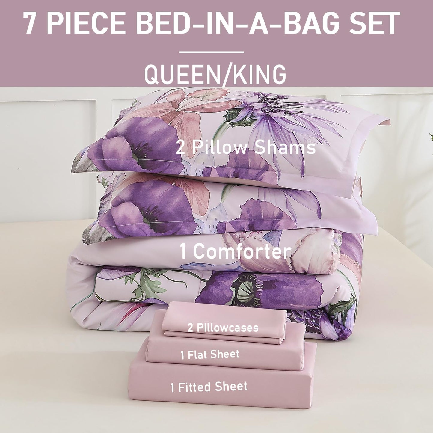 Yogeneg Queen Comforter Set 7 Piece Bed in a Bag,Elegant Floral Botanical Pattern Purple Bedding Set,Soft Microfiber Comforter with Sheet Set,All Season Bed Set(Purple Floral,Queen)