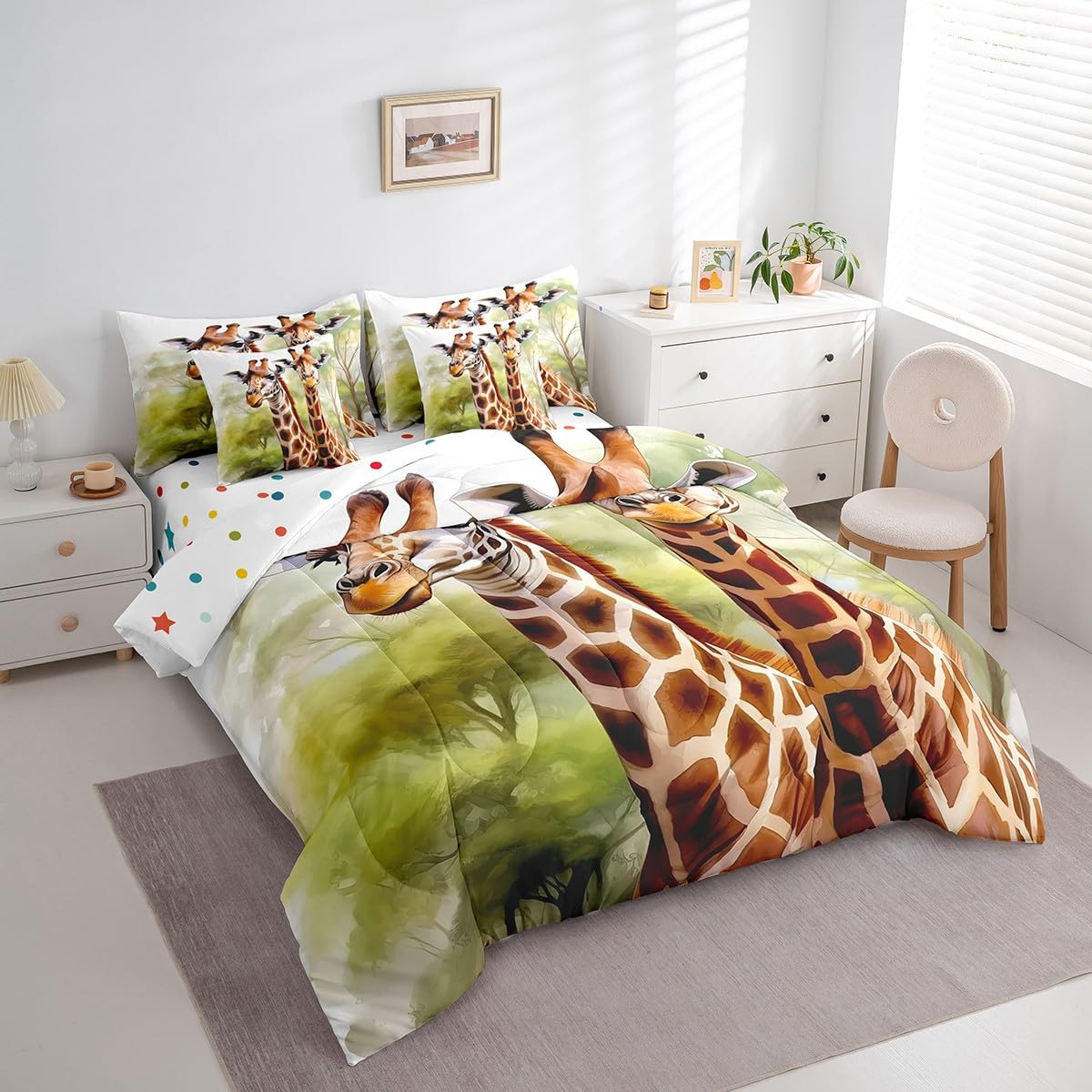 Erosebridal 7 Piece Giraffe Twin Comforter Set with Sheets,Cute Giraffe Bedding Set for Kids Girls Boys,Zoo Animal Print Bed Set,Wild Animals Safari Bed in a Bag with Fitted+Flat Sheet,Pillowcases