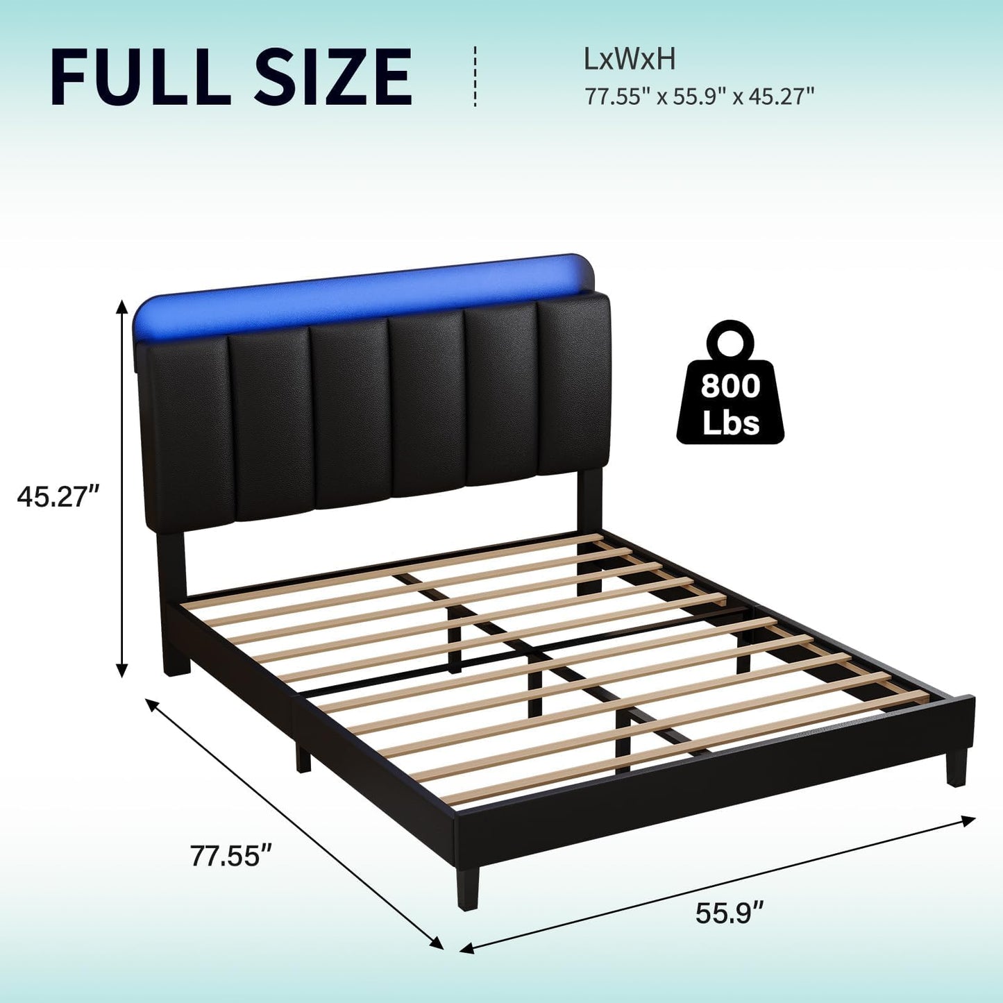 BarnFurin Full Size Bed Frame with LED Lights and Storage Headboard, Morden Bed Frame with Upholstered Headboard, Noise-Free, No Box Spring Needed, Easy Assembly, Black