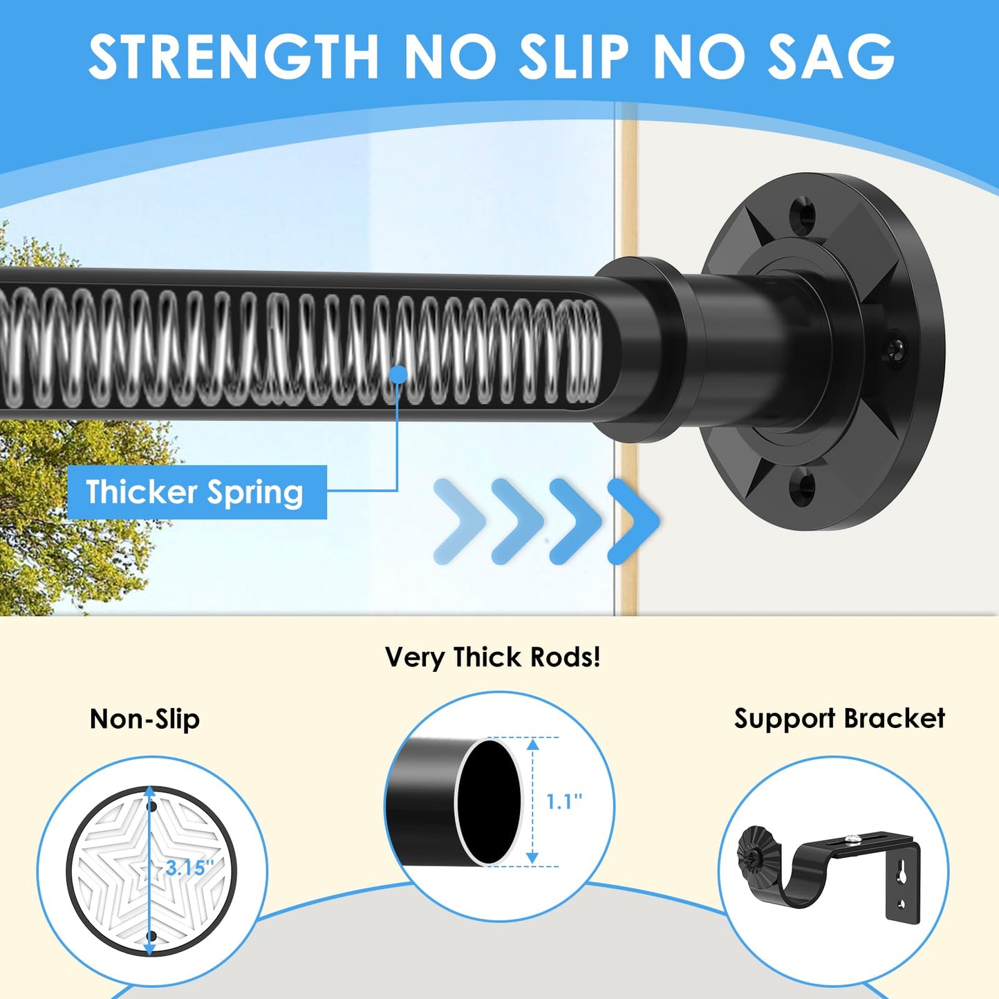 Outdoor Tension Rods 31-132 In(11ft) Adjustable No Drilling Black Long Shower Curtain Rods for Bathroom Patio Stainless Steel Rustproof Heavy Duty Thick Spring Rod Balcony Window Apartments Non Slip