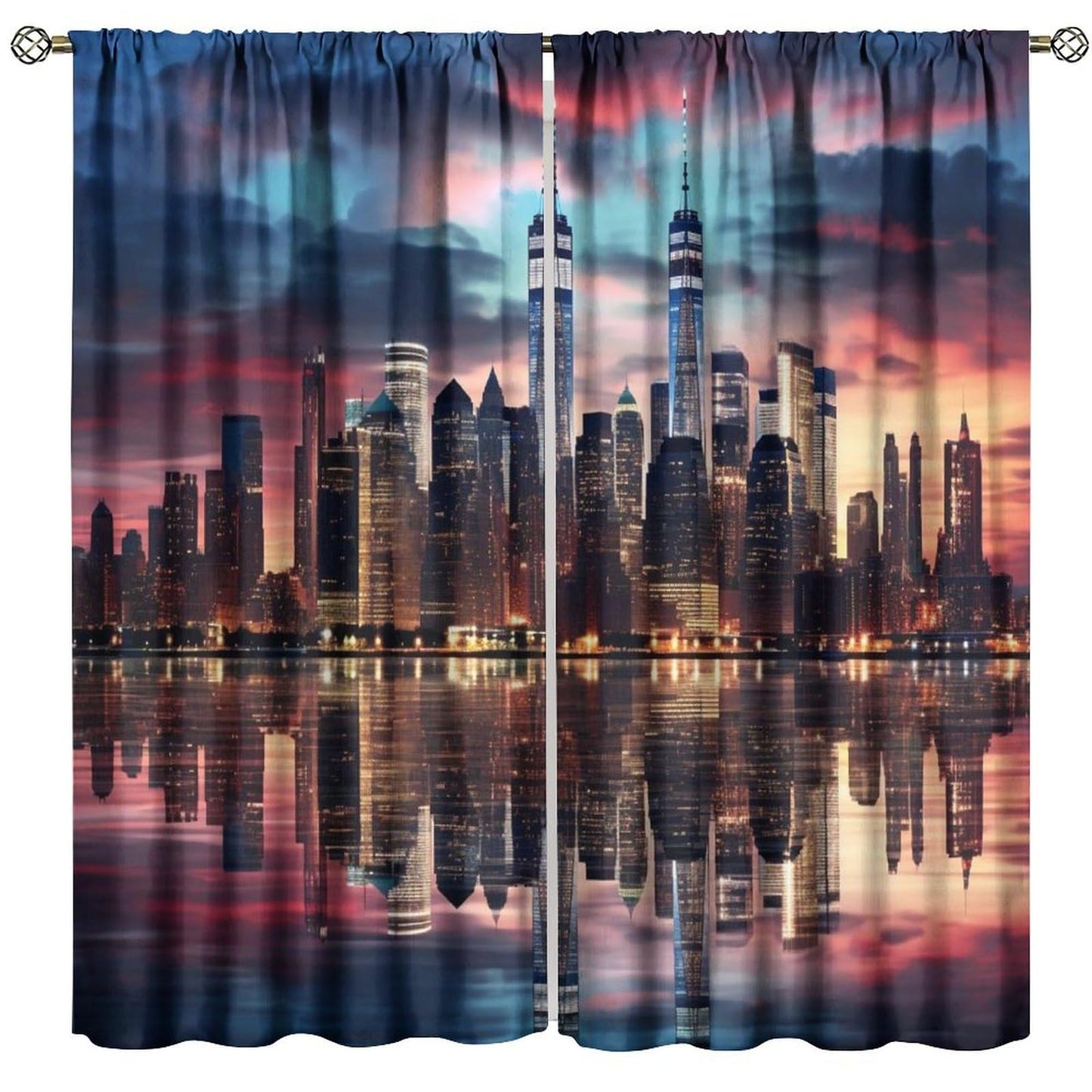 Urban Nightscape Curtains, Colorful Foggy Rosy Clouds Modern City Skyscraper Street Scenery Pattern Window Treatments, Blackout Rod Pocket Drapes For Living Room Bedroom Bathroom Kitchen 42x45in