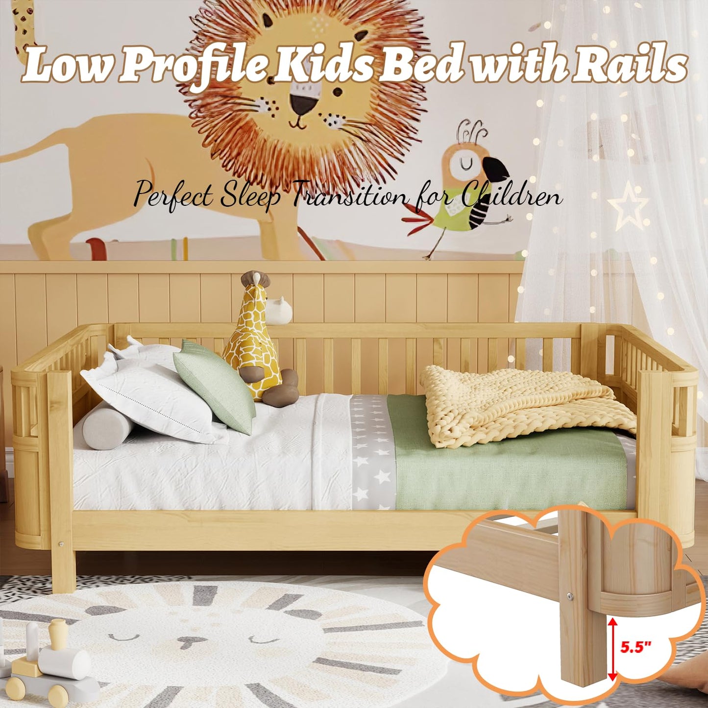 OYUMOENTS Full Size Kids Bed Frame, Low Profile Montessori Bed Full with Rails, Wood Daybed for Girls & Boys, No Spring Box Required, No Squeaks, Natural