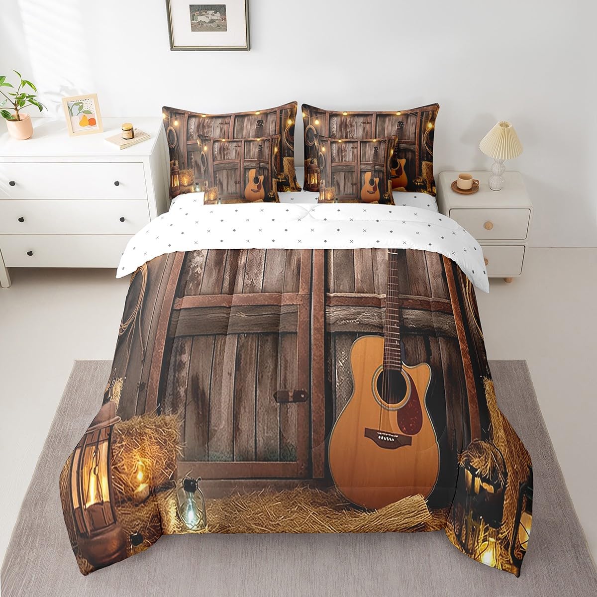 Feelyou Western Comforter Set 7 Pieces Twin Size Kids, Rustic Barn Bedding Set Boys Girls, Farmhouse Guitar Bed in a Bag,Comforter + Sheets + Pillowcases + Cushion Covers