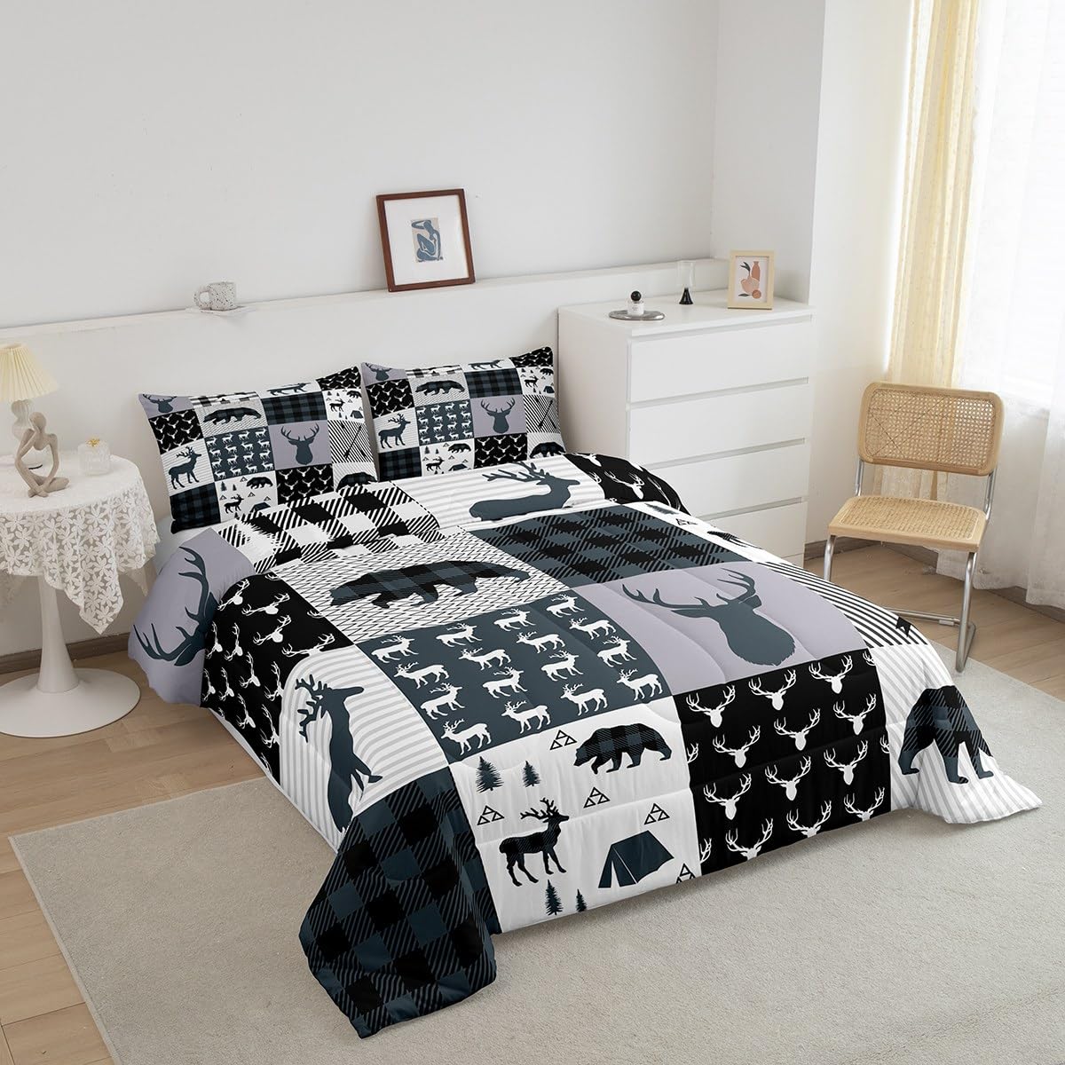 Feelyou Rustic Deer Bear Comforter Set Twin, Camping Hunting Comforter Set for Kids Western Farmhouse Comforter Bear Antler Silhouette Duvet Set Breathable Quilt Set 2Pcs