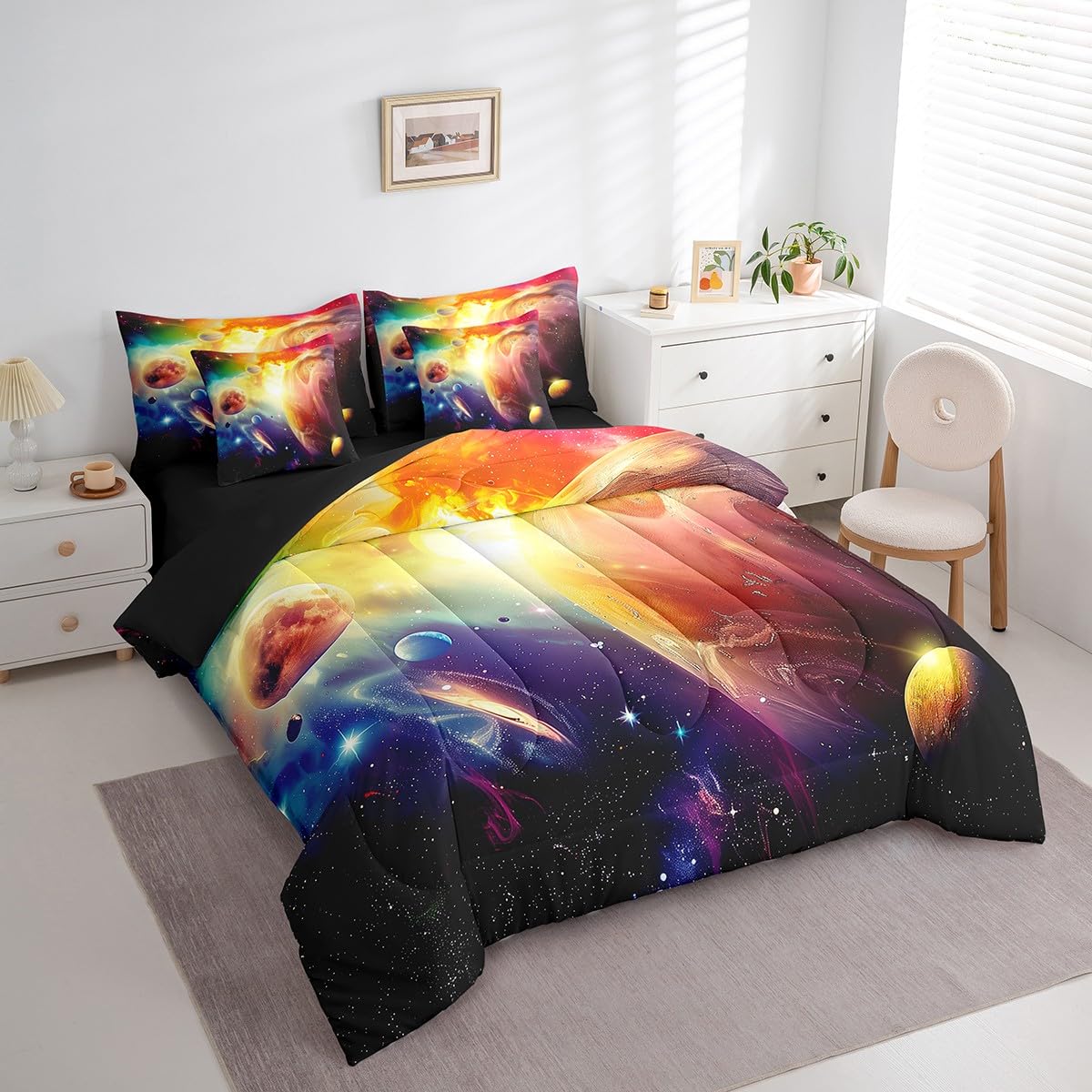 Erosebridal Outer Space Comforter Set for Kids Boys Girls 7 Piece Twin Purple Galaxy Quilt with Flat Fitted Sheet 3D Universe Planet Bed in A Bag Solar System Theme Bedding Sets