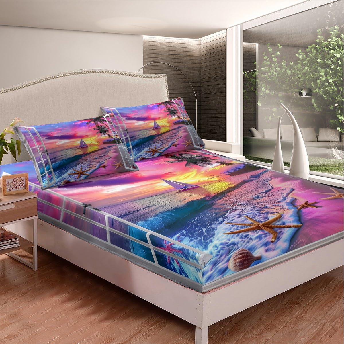 jejeloiu Beach Theme Fitted Sheet Full Size Kids Summer Ocean Wave Pattern Bed Sheets Set for Boys Girls Teens Sea Marine Coastal Tropical Leaves Starfish Sailboat Bedding Set Room Decor