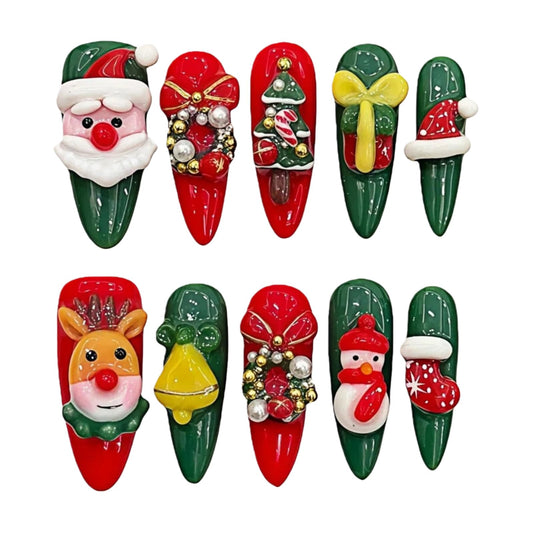 Tesytto Handmade Red & Green Press on Nails Long Oval - Cute 3D Cartoon Character Design, Luxury Glitter Sparkly Fake Nails, Reusable Salon Quality (Holiday Carnival,M)