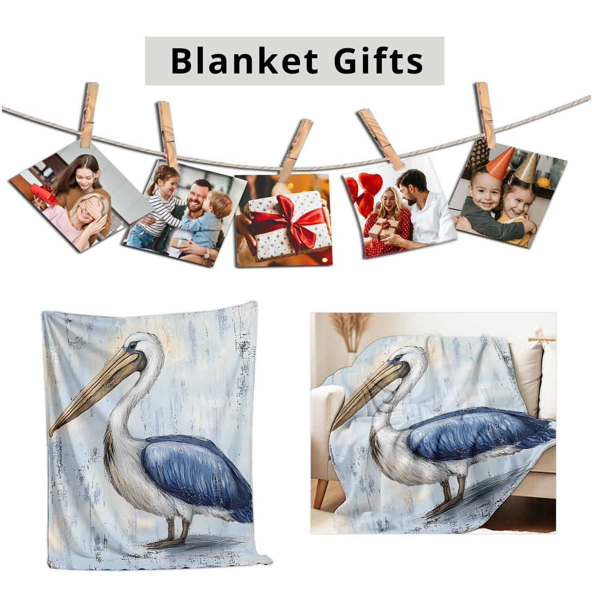 HUNXIAOJ Pelican Throw Blanket for Couch Bed Coastal Bird Print Flannel Blanket Soft Warm Beach Themed Animal Throw for Bedroom Home Decor Pelican Gifts (49"x59")
