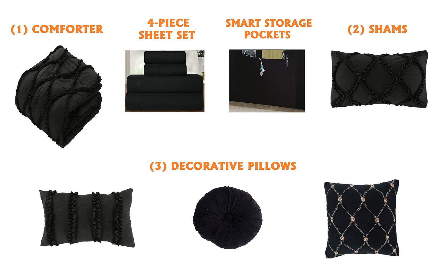 Elegant Comfort Luxury Best, Softest, Coziest 10-Piece Bed-in-a-Bag Infinity Design Comforter Set, Includes Bed Sheet Set with Double Sided Storage Pockets and Decorative Pillows, Full/Queen, Black