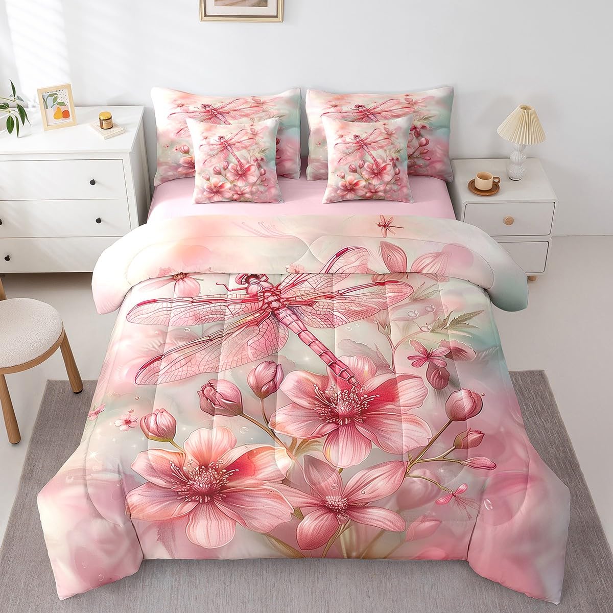 Erosebridal Pink Dragonfly Comforter Set Queen,Water Lily Floral Bedding Set 7Pcs for Kids Girls Women Lady,Dreamy Fairy Princess Style Bed in a Bag,Geometric Flying Wild Animal Quilt
