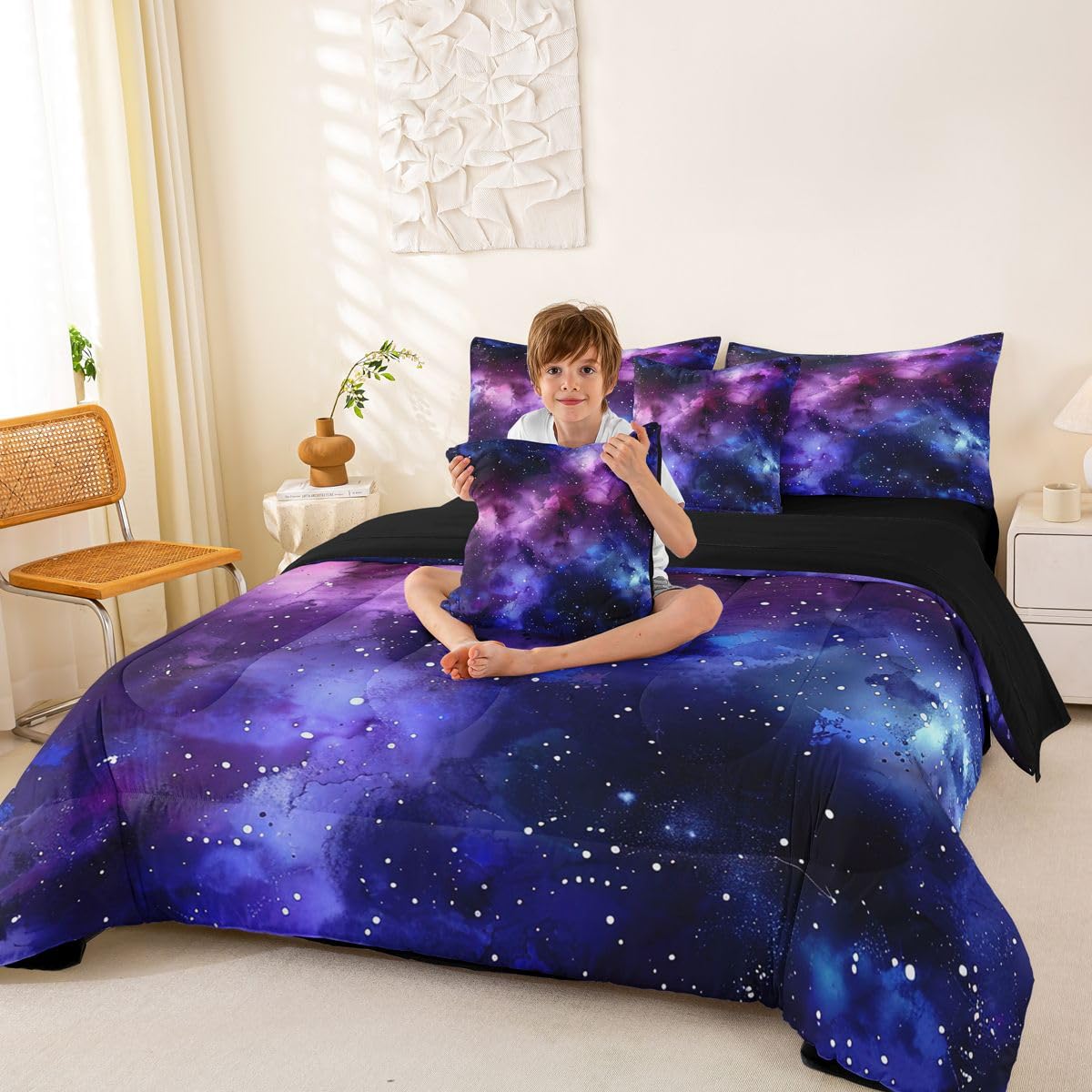 Erosebridal Universe Space Comforter Set Galaxy Bed in A Bag Queen Size 7 Pieces Purple Blue Starry Sky Bed Set Room Decor Outer Space Nebula Bedding with Sheets