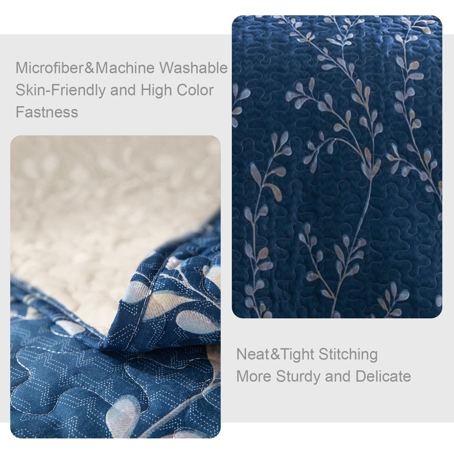 Exclusivo Mezcla Reversible Boho Quilts Queen Size, Navy Soft Bedspreads Lightweight Coverlet All Season Flowers Quilt Bedding Set with Printed Floral Pattern (1 Quilt, 2 Pillow Shams)