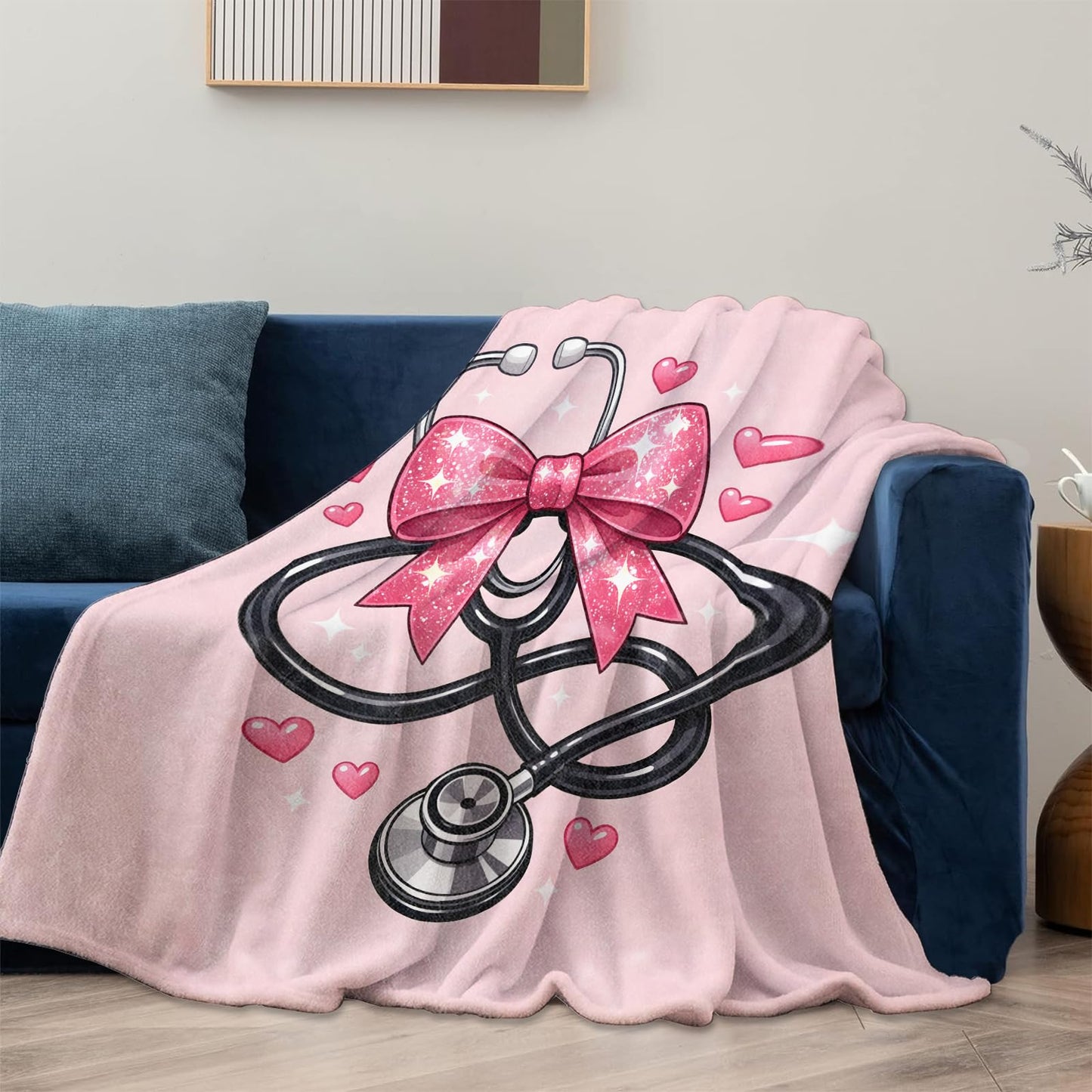 Nurse Blanket Gifts for Women Girls Kids, Soft Warm Lightweight Pink Bow Stethoscope Medical Throw Blankets for Living Room Sofa Home Bedroom Decor 50" x 60"