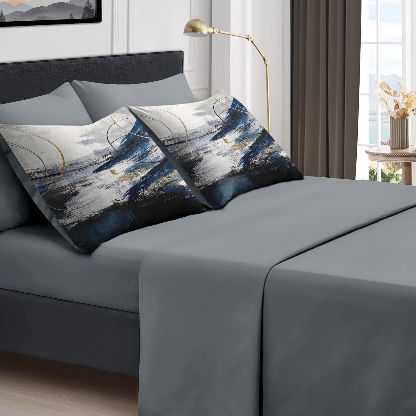 Boewywh Comforter Set Twin Size Abstract Modern Navy 7 Pcs, Bedding for Kids and Adults, Bed Sheet Sets with Fitted Sheet 2 Pillowcases & 2 Shams for Bedroom Bed Decor