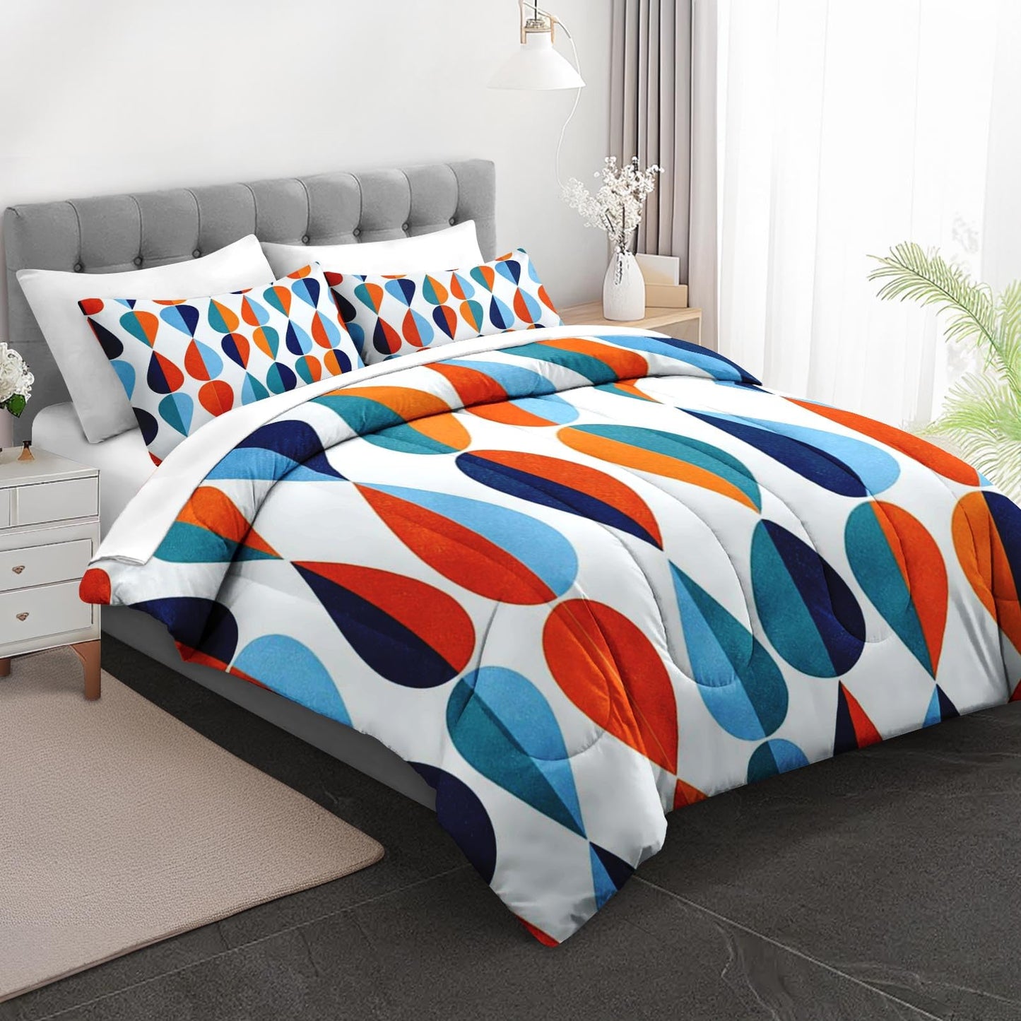 Boewywh Comforter Set Twin Size Geometric Retro Abstract 7 Pcs, Bedding for Kids and Adults, Modern Blue Bed Sheet Sets with Fitted Sheet 2 Pillowcases & 2 Shams for Bedroom Bed Decor