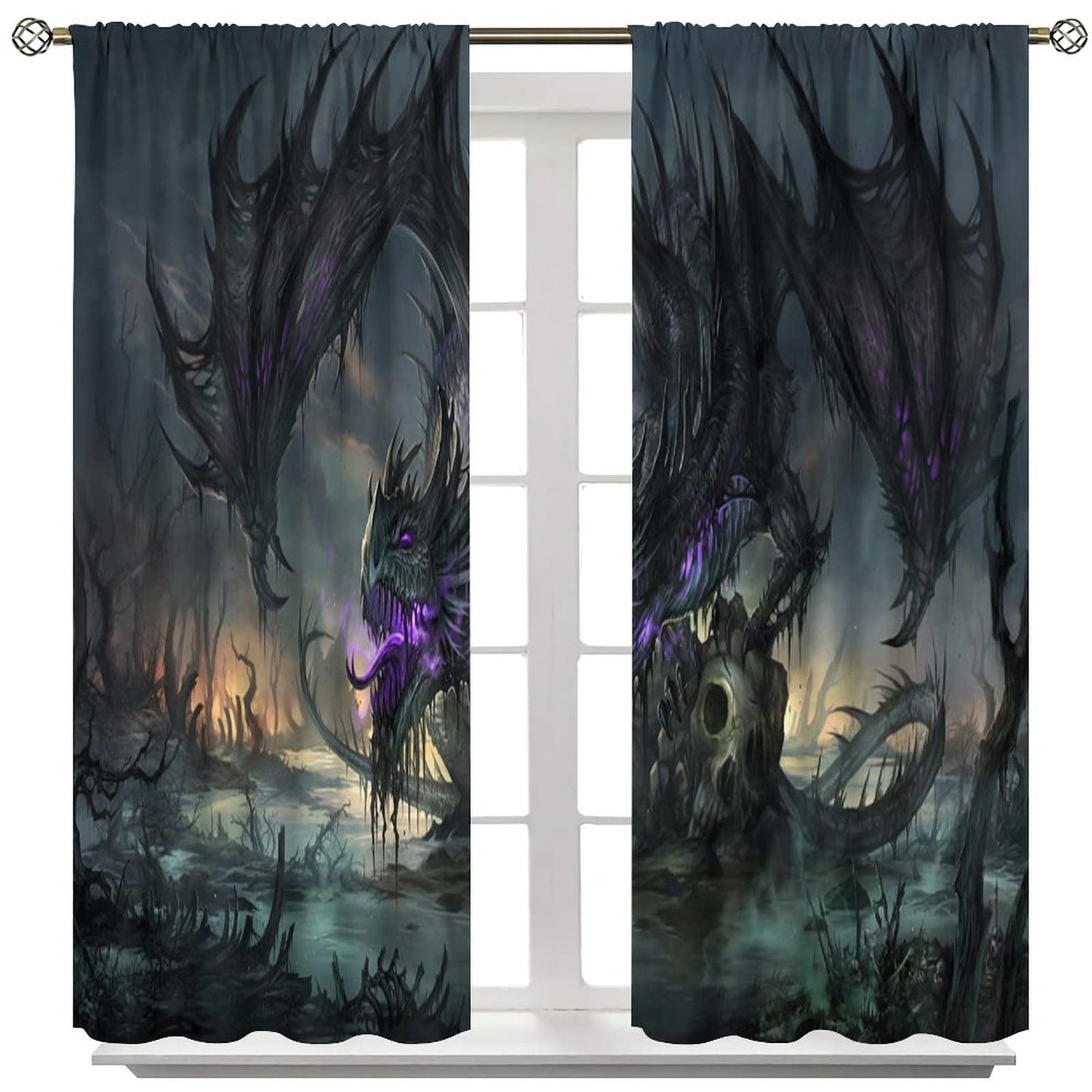 Game Room Curtain Black Dragon Curtain Skeleton Gothic Decoration Window Treatments Fantasy Dream Theme Blackout Window Curtain Rod Pocket Window Curtain Drapes for Living Room Bedroom 42x45in