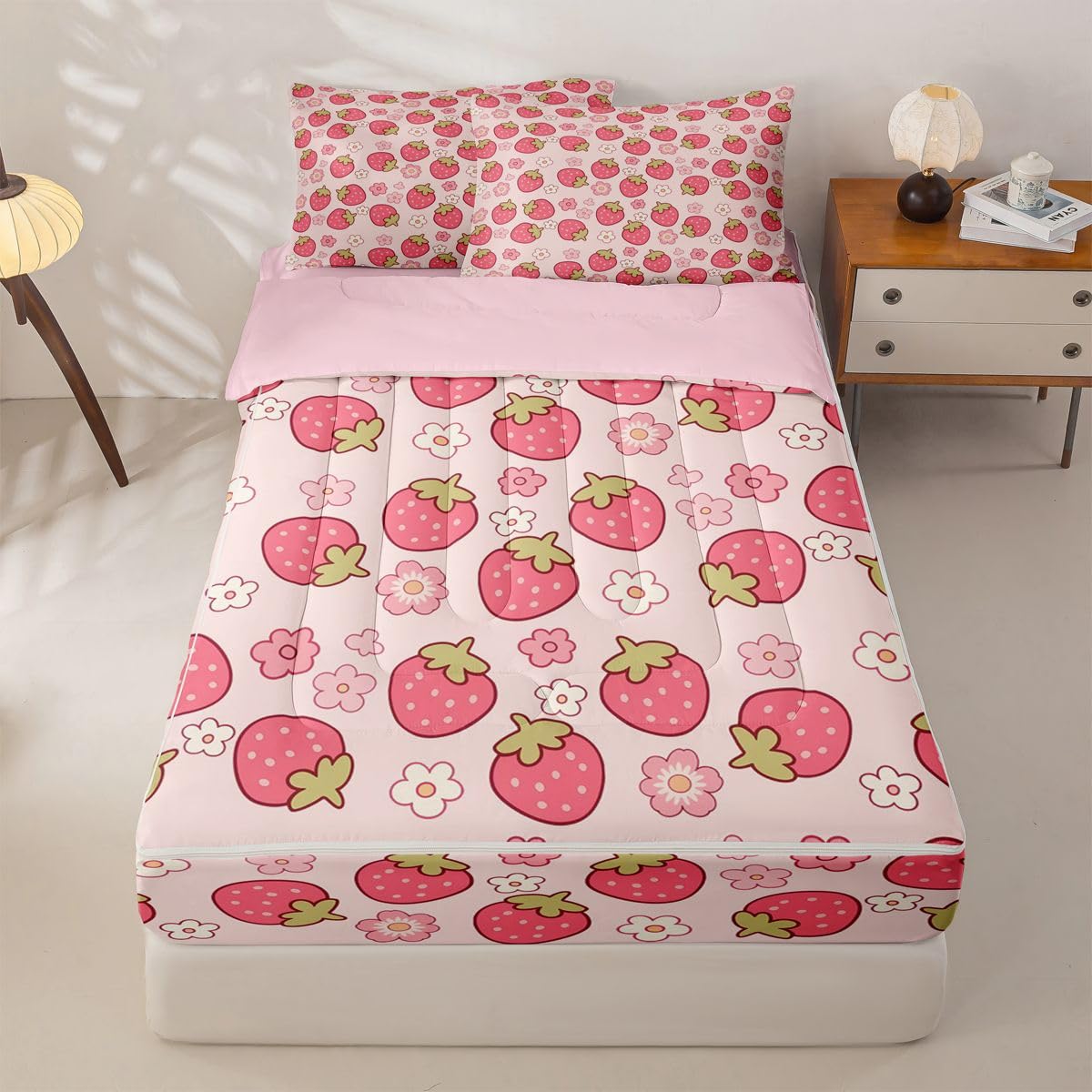 Erosebridal Kawaii Strawberry Zippered Comforter Set Girly Floral Zipper Bedding Set Twin Size Japanese Style Bed in a Bag Cute Cartoon Fruit Food Comforter with Sheets