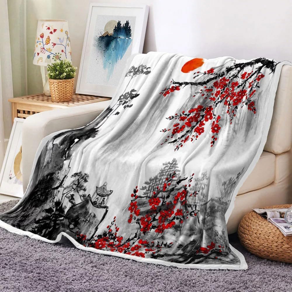 Japanese Blanket, Japanese Cherry Blossom Anime Blanket, Asian Ink Painting Asian Blankets, Red Plum Blossom & Mountain Landscape Soft Cozy Blankets for Couch, Bed, Office, Home Decor, 50X60 inch