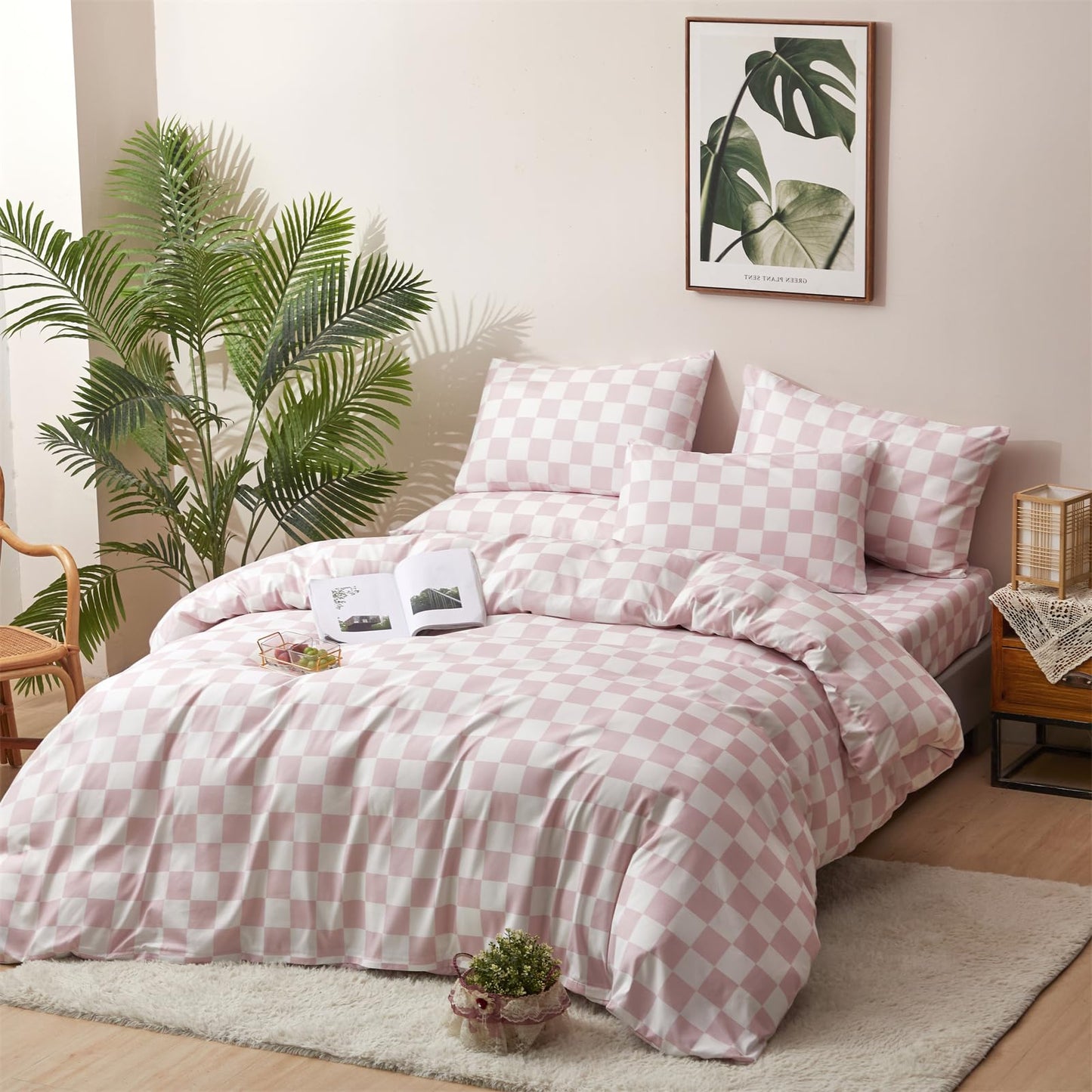 CLOTHKNOW Pink White Grid Queen Duvet Cover Set Plaid Bedding Sets Checkerboard Bedding Duvet Cover Sets Soft Pink Duvet Cover with 2 x Pillow Cases