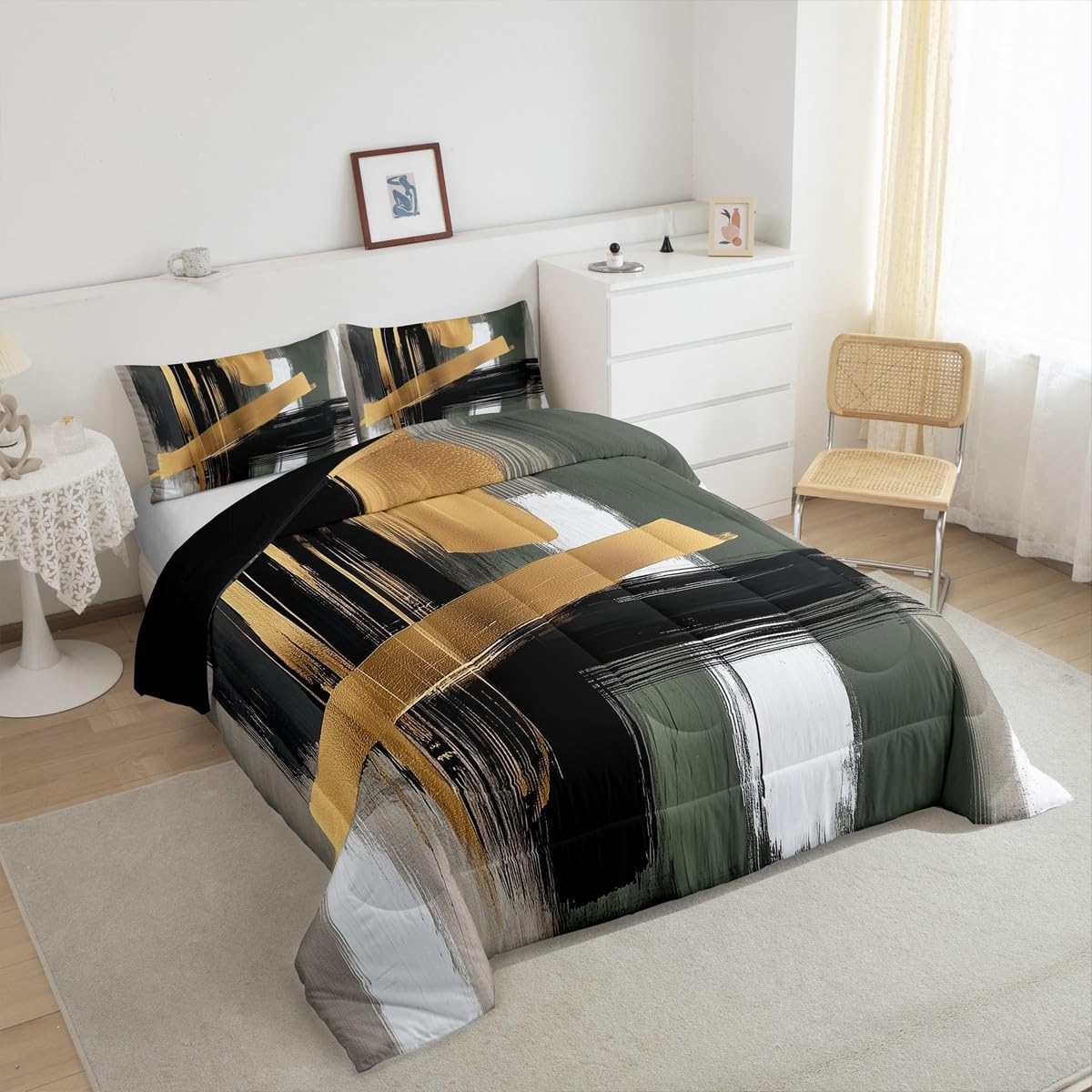 Feelyou Kids Abstract Art Comforter Set Queen Size Geometric Duvet Quilt for Boys Girls Teens Gold Modern Art Bedding Set Bedroom Decor Breathable Soft Lightweight Microfiber 3Pcs