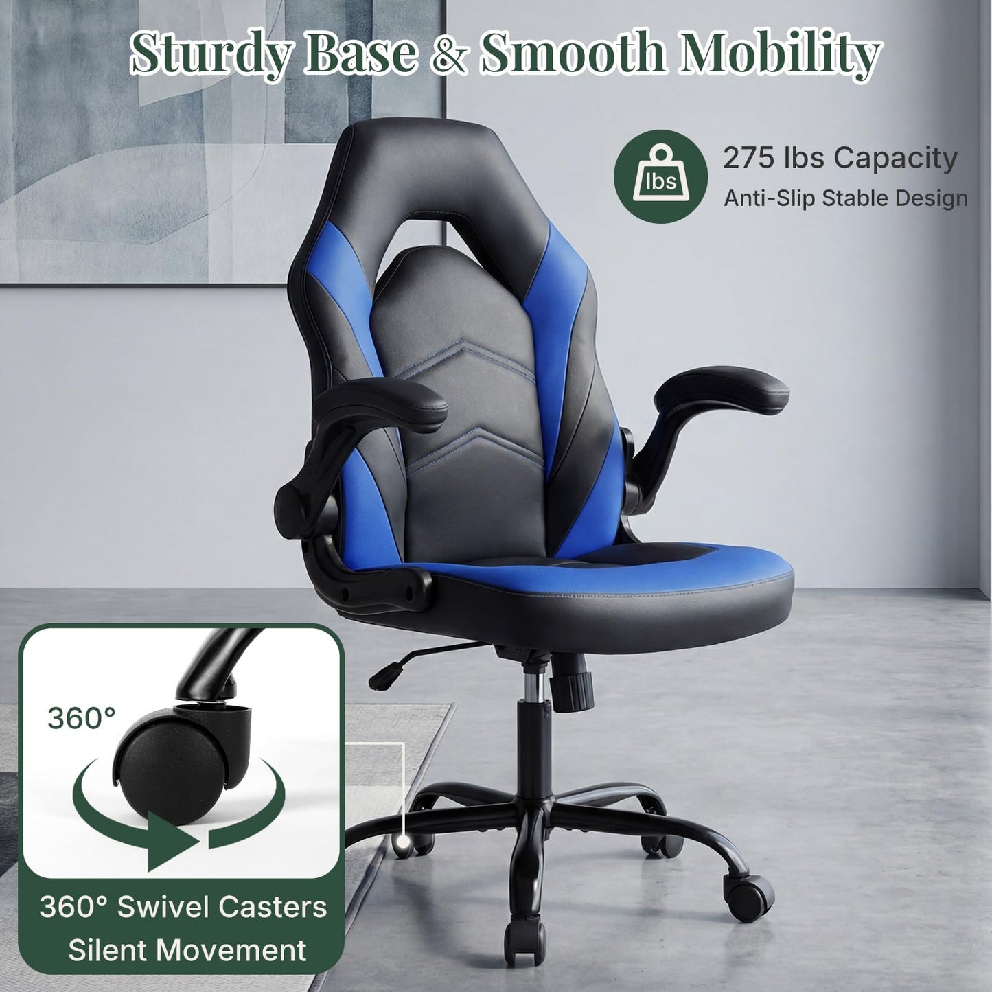 HAPPYMONT Ergonomic Computer Gaming Chair - Home Office Desk with PU Leather Lumbar Support, Adjustable Big and Tall Video Game with Flip-up Armrest, Swivel Wheels for Adults and Teens,Black Blue