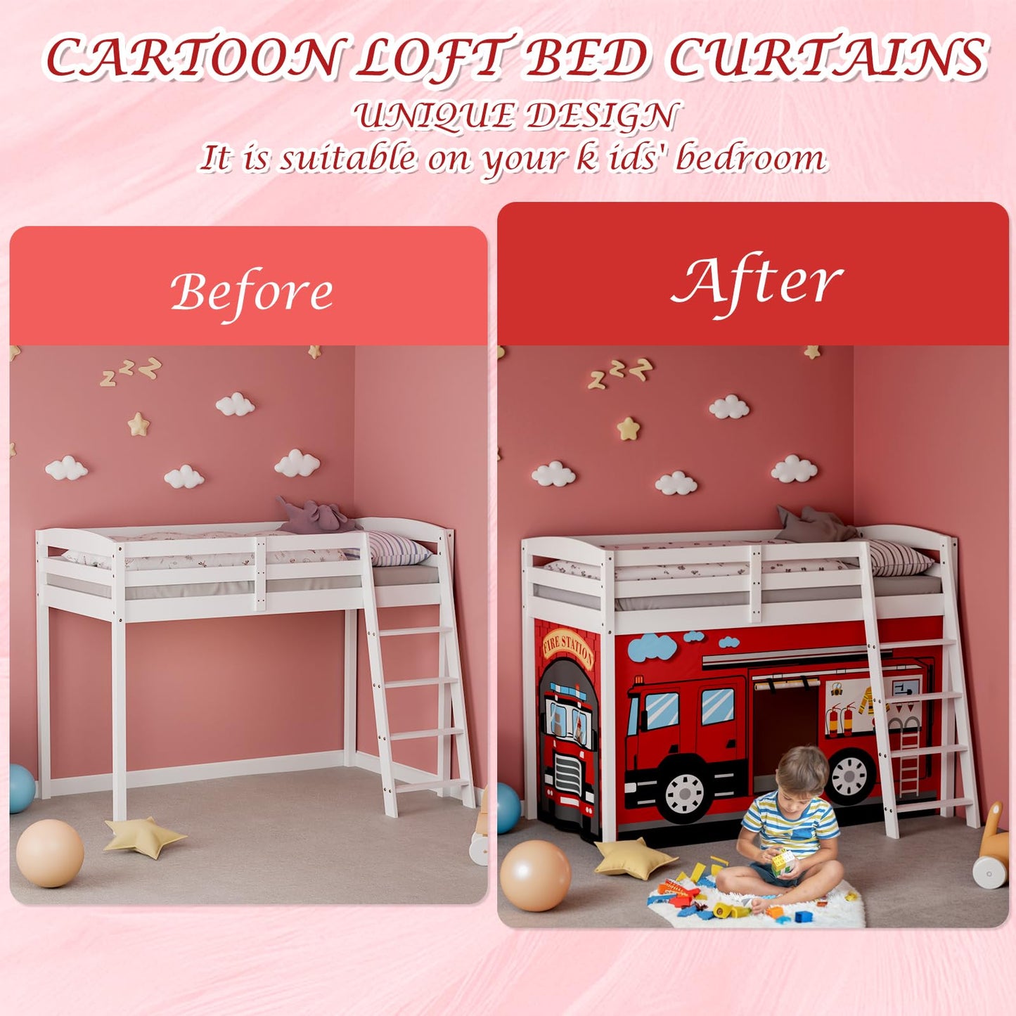 YRDKB Fire-Truck Bunk Bed - 33H Curtains Premium and Customizable Cartoon Loft Bed Curtains for Children to Enhance The Imaginative Creation Bedroom Curtains(3PCS,Twins)