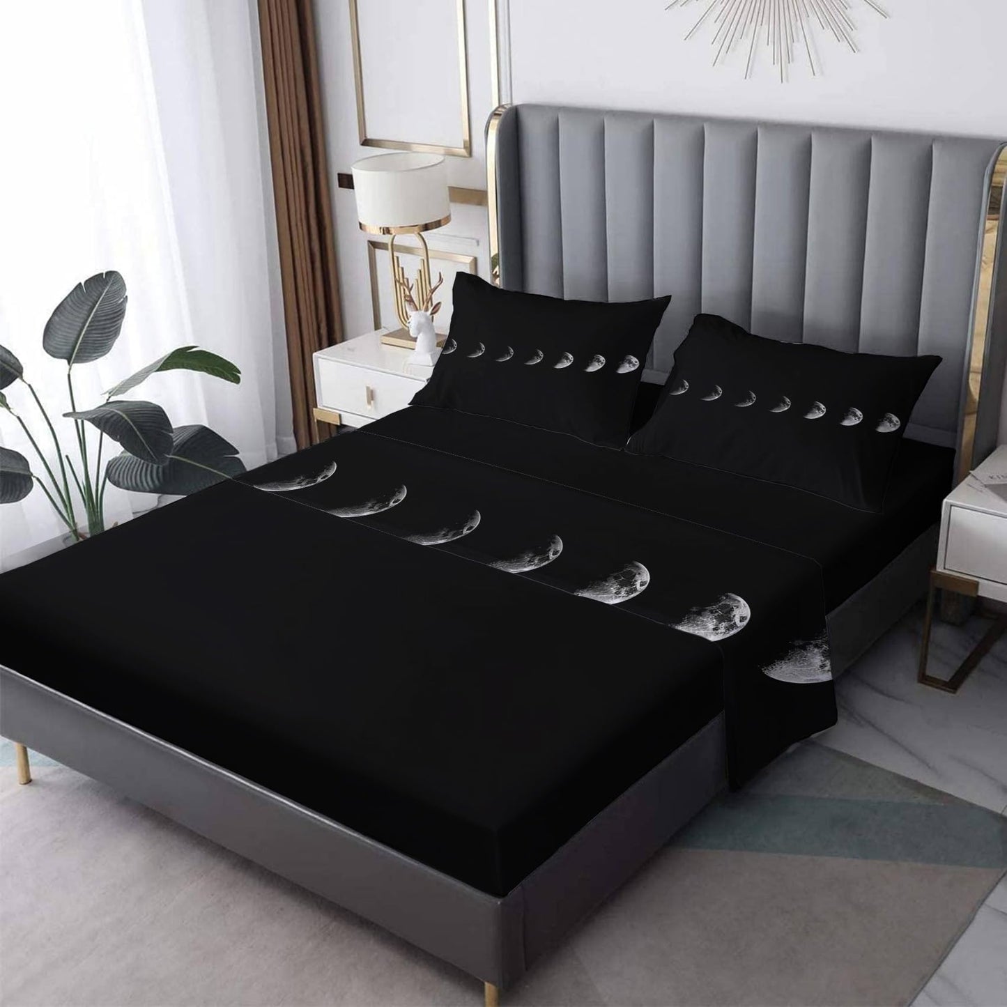 Moon Phase Sheets King Size - Black and White Bed Sheets, Soft Microfiber & Deep Pocket & Wrinkle Free Patterned Bedding Sheets & Pillowcases, 4 Piece ( 1 Fitted Sheet, 1 Flat Sheet, 2 Pillow Cases )