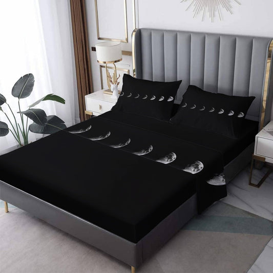 Moon Phase Sheets King Size - Black and White Bed Sheets, Soft Microfiber & Deep Pocket & Wrinkle Free Patterned Bedding Sheets & Pillowcases, 4 Piece ( 1 Fitted Sheet, 1 Flat Sheet, 2 Pillow Cases )