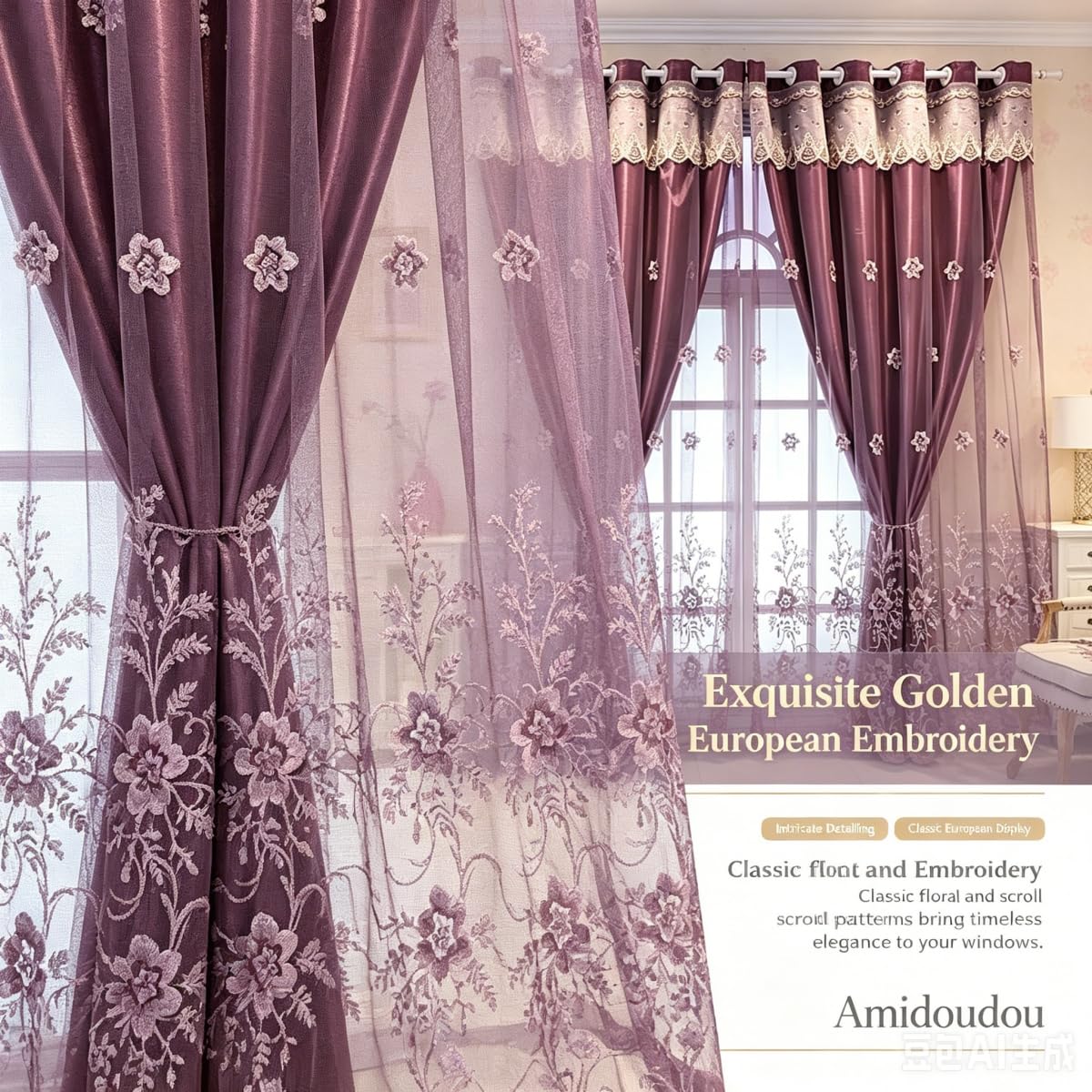Amidoudou 1 Pair European Double Layer Curtains for Living Room Bedroom Luxury Flower Embroidered Curtains with Valance (Purple,54x90 Inch)