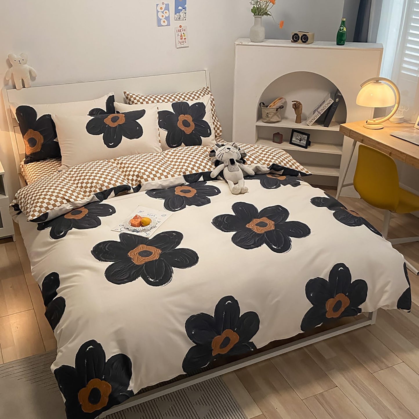 Luxlovery Boho Floral Comforter Set Queen Women Girls Black Sunflower Bedding Comforter Set Botanical Blanket Quilts Cute Beige Black Blossom Bedding Set for Queen Bed