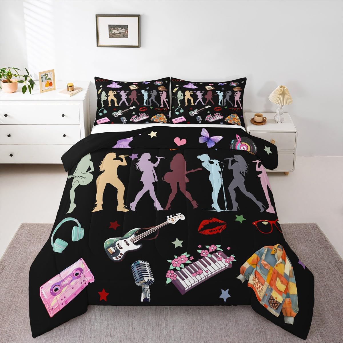 Erosebridal Music Theme Bedding Set Full Girls Singer Comforter Set for Kids Boys Girls Black Musicl Aesthetics Bedding Comforter Sets Music Lovers Gifts Quilt Duvet