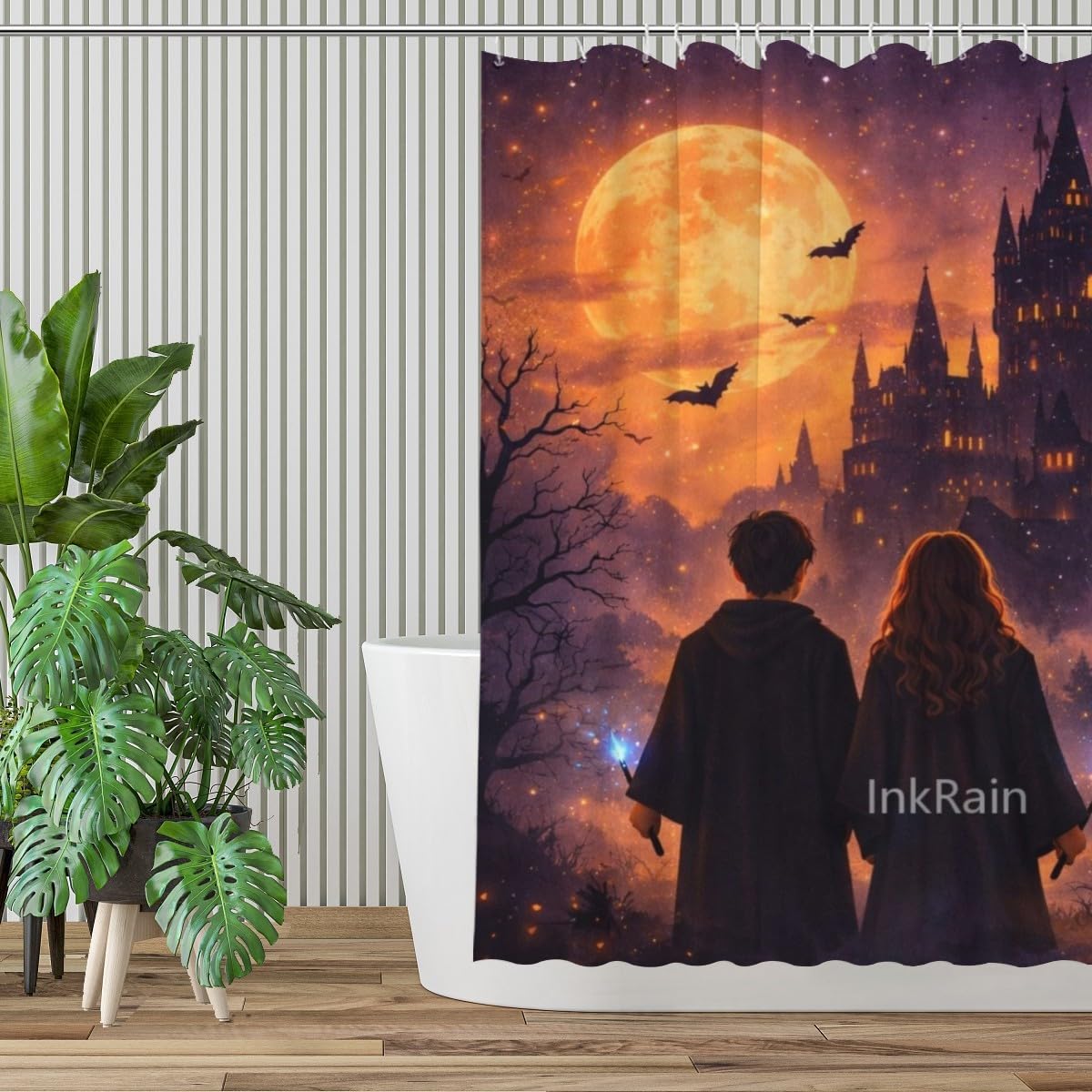 InkRain Halloween Shower Curtain 72x80 Inch with 12 Hooks, Spooky Moon Night Design, Gothic Halloween Bathroom Decor, Waterproof Fabric Bath Curtain for Home Bathroom