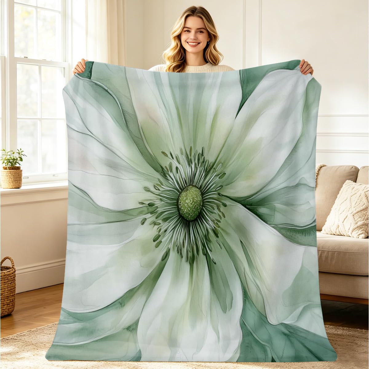 HUNXIAOJ White Floral Throw Blanket Abstract Flower Blanket Soft Cozy Fleece Botanical Art Throw Flannel Floral Bedding for Couch Bed Living Room Sofa Home Decor 49"x59"