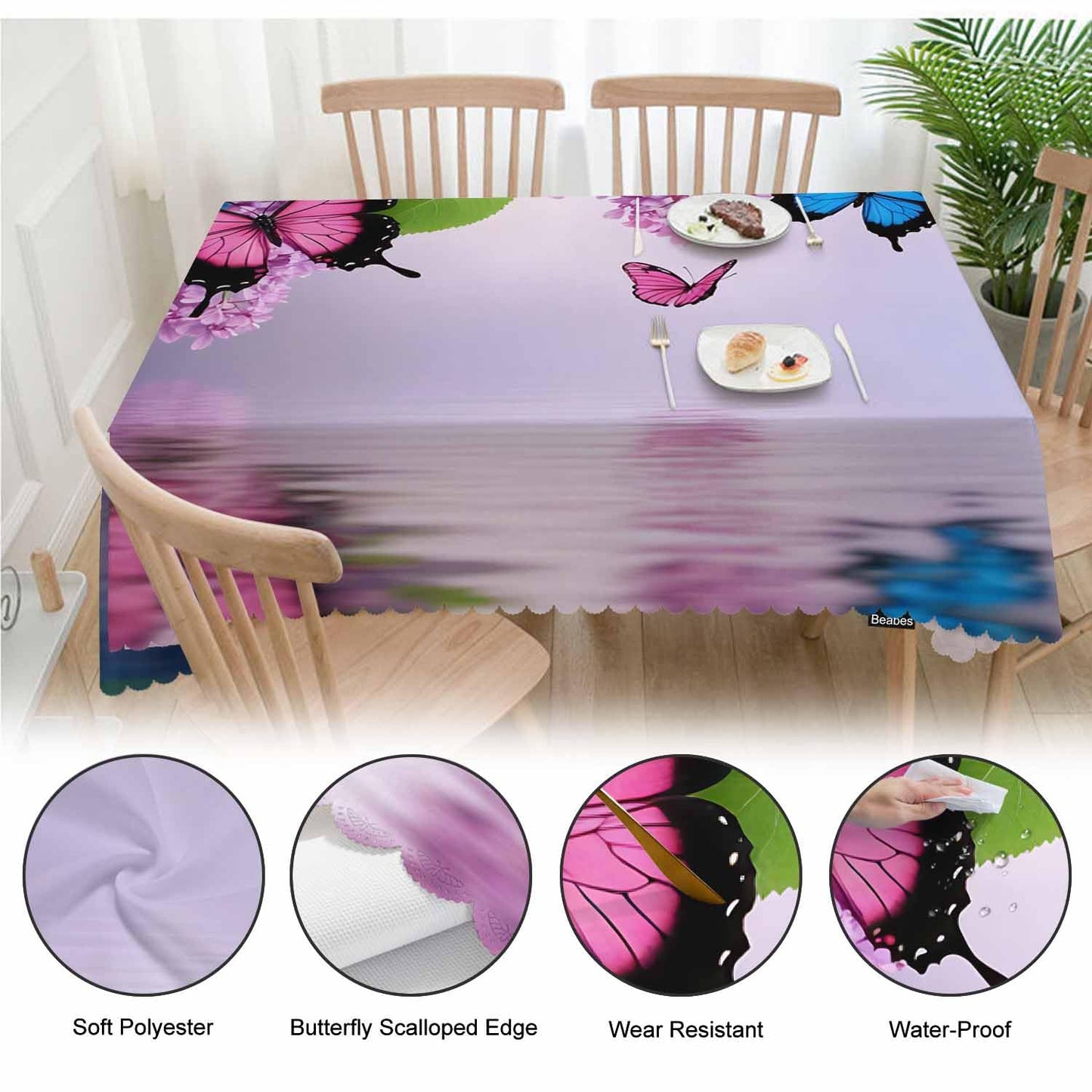 Beabes Butterfly Kitchen Tablecloth Nature Flowers Butterflies Indoor Outdoor Table Cover Anti-Oil Table Cloths for Wedding Banquet Dinner Tablecloths, 52x70 Inch(4-6 Seats) Blue Purple