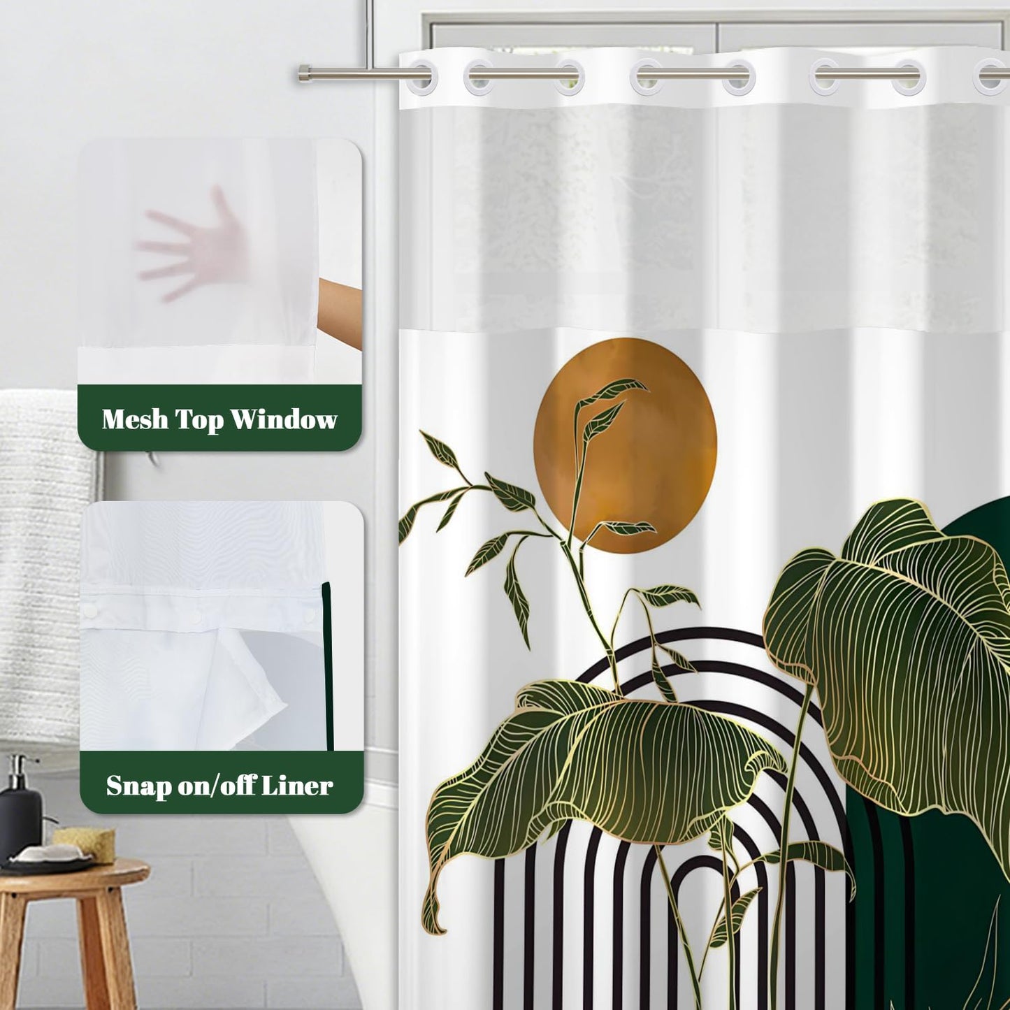 Xiazhilaio Abstract Monstera Leaf Shower Curtain No Hooks with Liner - 71″W x 74″L Waterproof Fabric with Mesh Top Window, Boho Sun & Geometric Print Bath Curtain for Modern Tropical Bathroom Decor