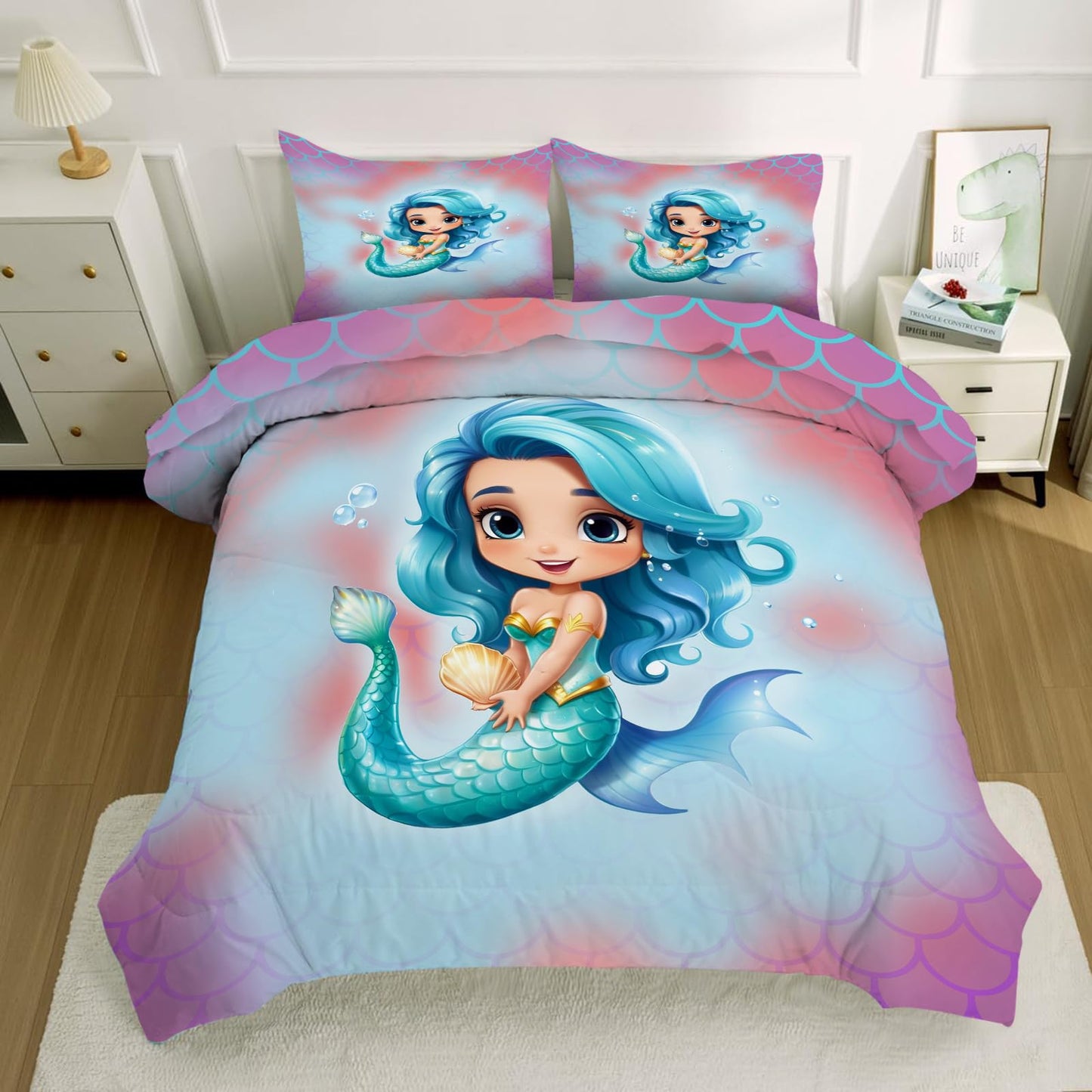 kxry King Size Little Lovely Mermaid Princess Comforter Sets Mermaid Fish Scale Bedding Set Sparkle Teal Quilt for Girls Kids Lightweight Soft Microfiber Room Decoration Duvet